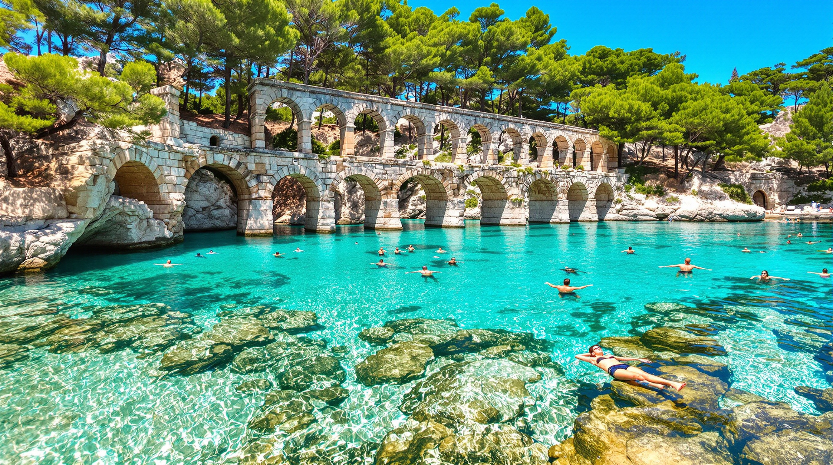 Crique de Phaselis, nageurs dans une eau limpide avec ruines d’aqueduc romain en arrière-plan et pins méditerranéens