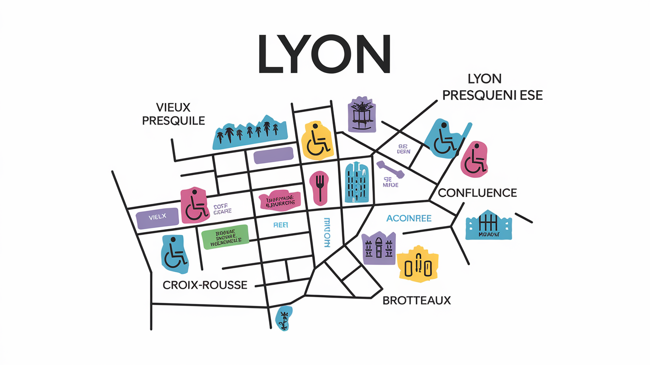 Illustration des quartiers de Lyon avec des icônes pour fauteuil roulant et gastronomie