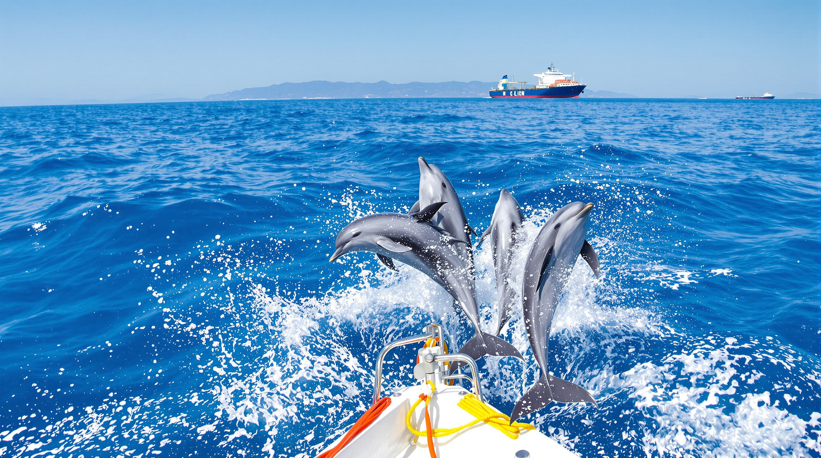 Groupe de dauphins communs jouant dans les vagues du détroit de Gibraltar, une expérience inoubliable pour les visiteurs.