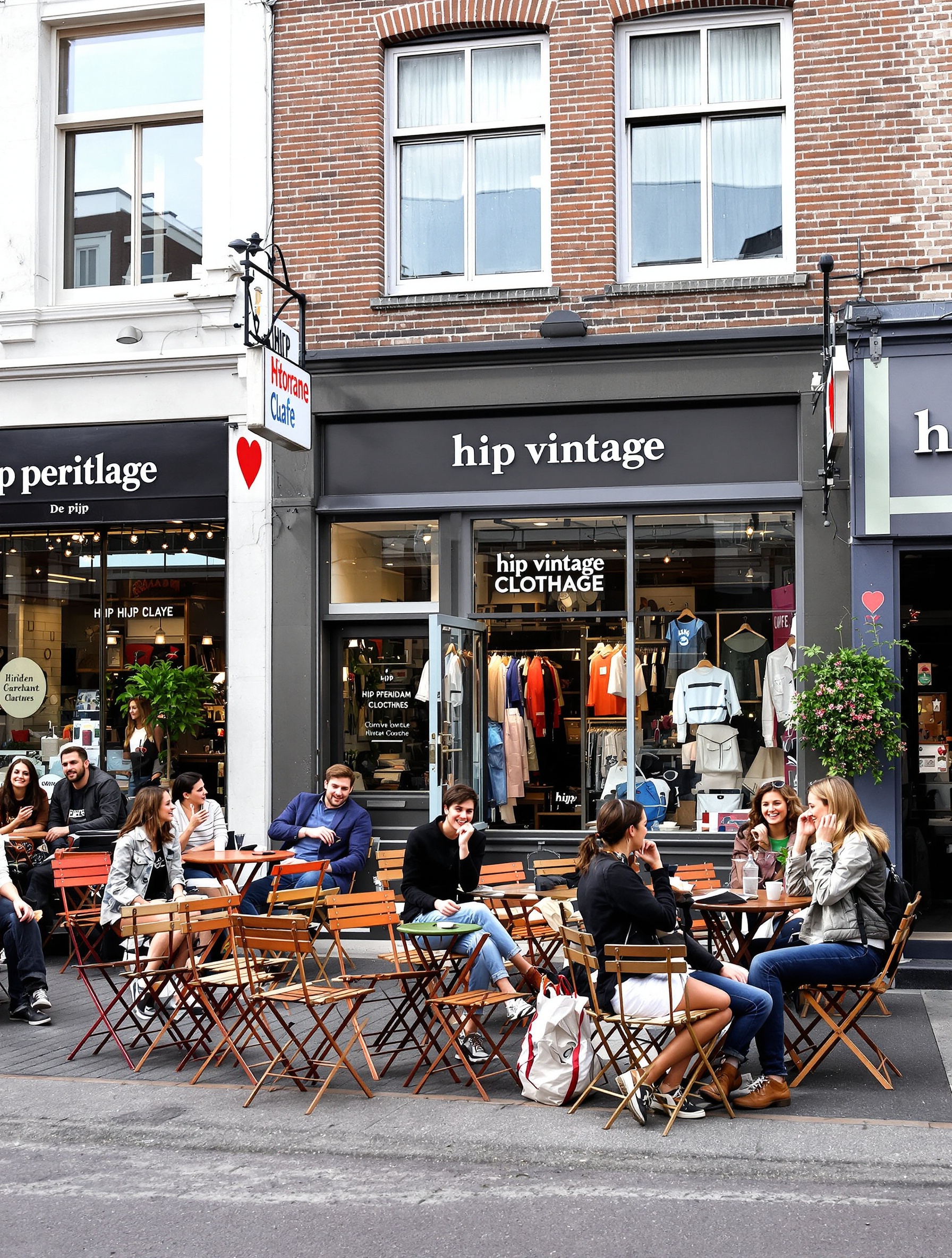 Rue animée de De Pijp avec cafés et une friperie branchée en arrière-plan.