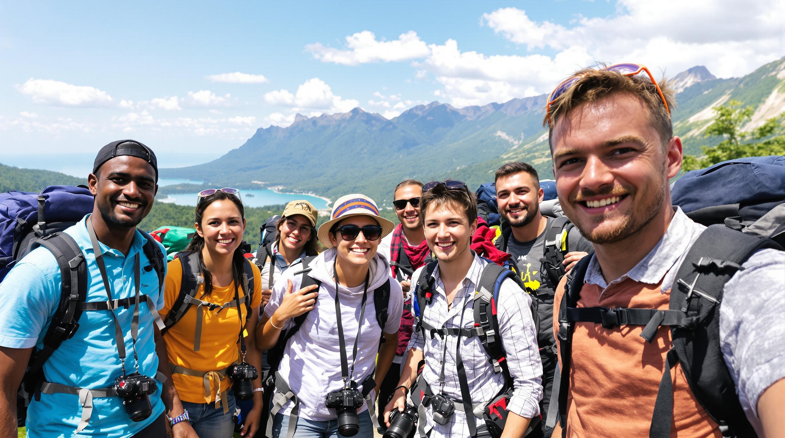 Groupe de voyageurs satisfaits devant un site touristique