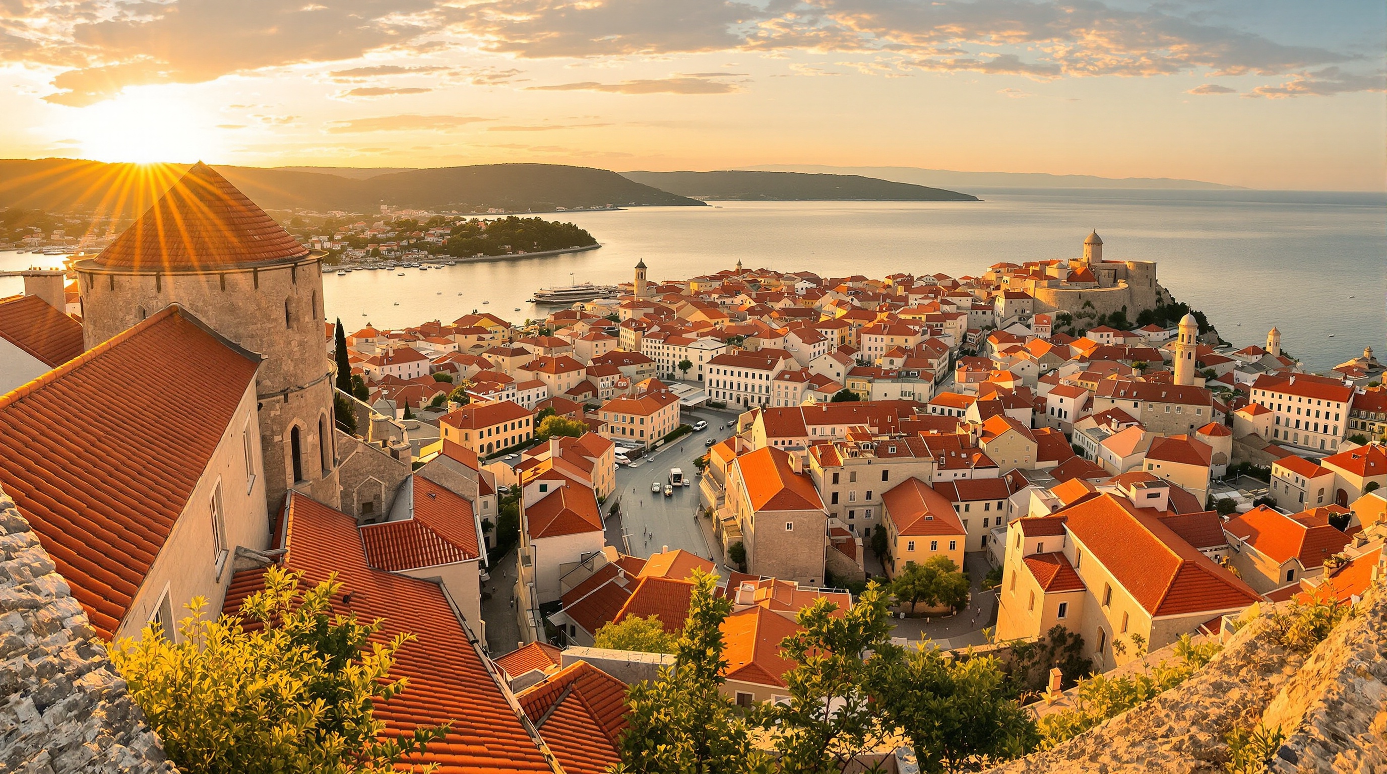 La vieille ville de Dubrovnik vue depuis les remparts au lever du soleil. La lumière est dorée, les rues sont vides, illustrant le conseil de Victor de visiter tôt pour une expérience magique.