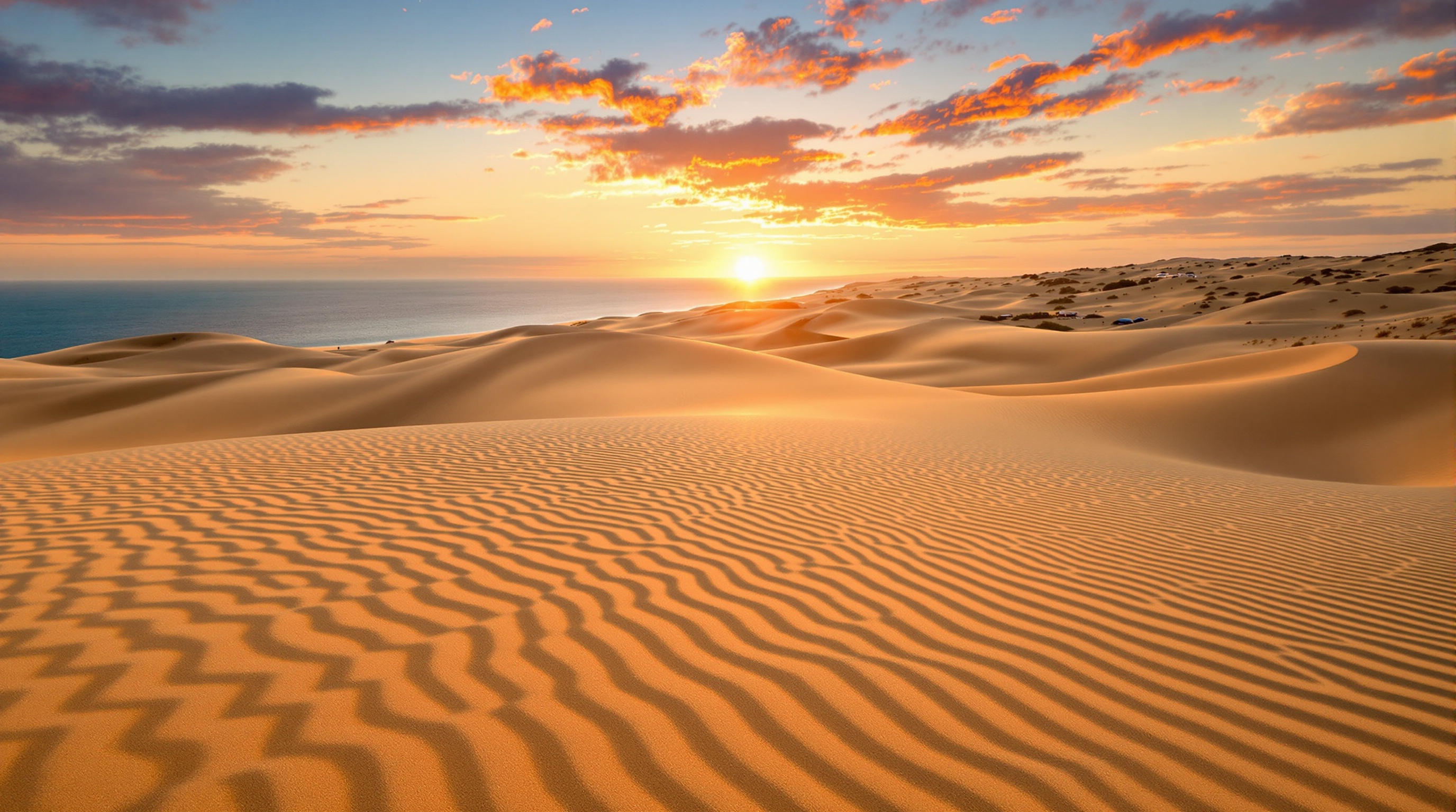 Dunes monumentales de Patara au coucher du soleil avec la Méditerranée en fond ; atmosphère sauvage et intacte.