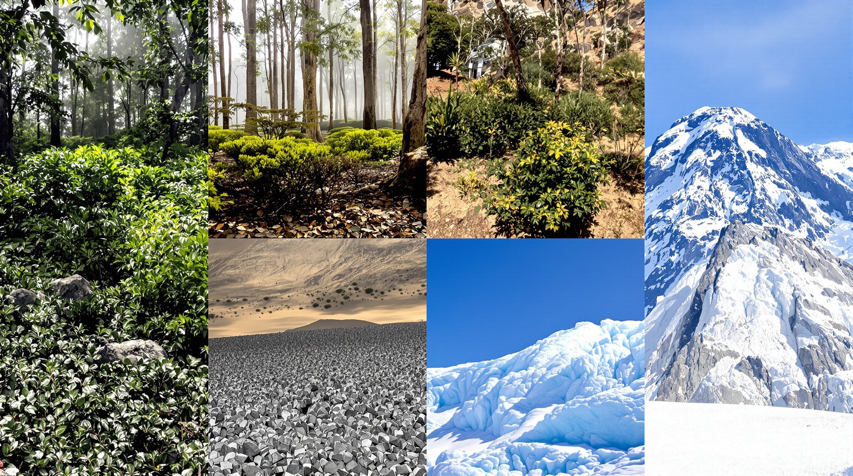 Montage de quatre photos illustrant la transition des écosystèmes sur le Kilimandjaro : forêt tropicale luxuriante, lande à bruyères, désert alpin aride, et le sommet glaciaire.