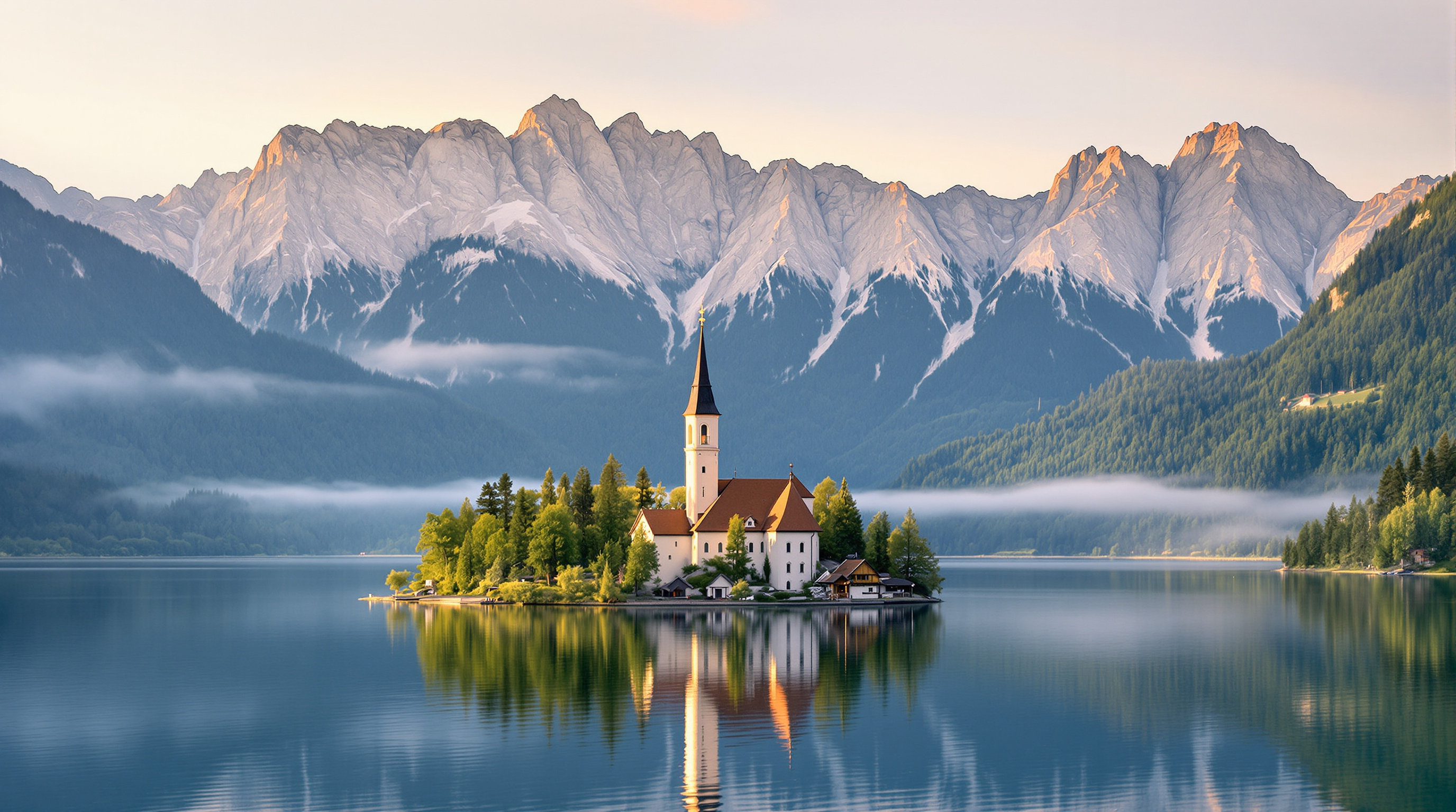 Église iconique du lac de Bled avec les Alpes Juliennes en arrière-plan sous une douce lumière.