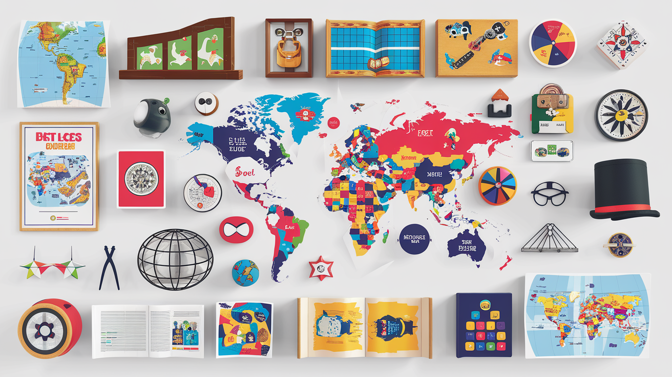 Ensemble varié de ressources graphiques : cartes du monde, icônes géographiques, éléments créatifs liés à la Terre.