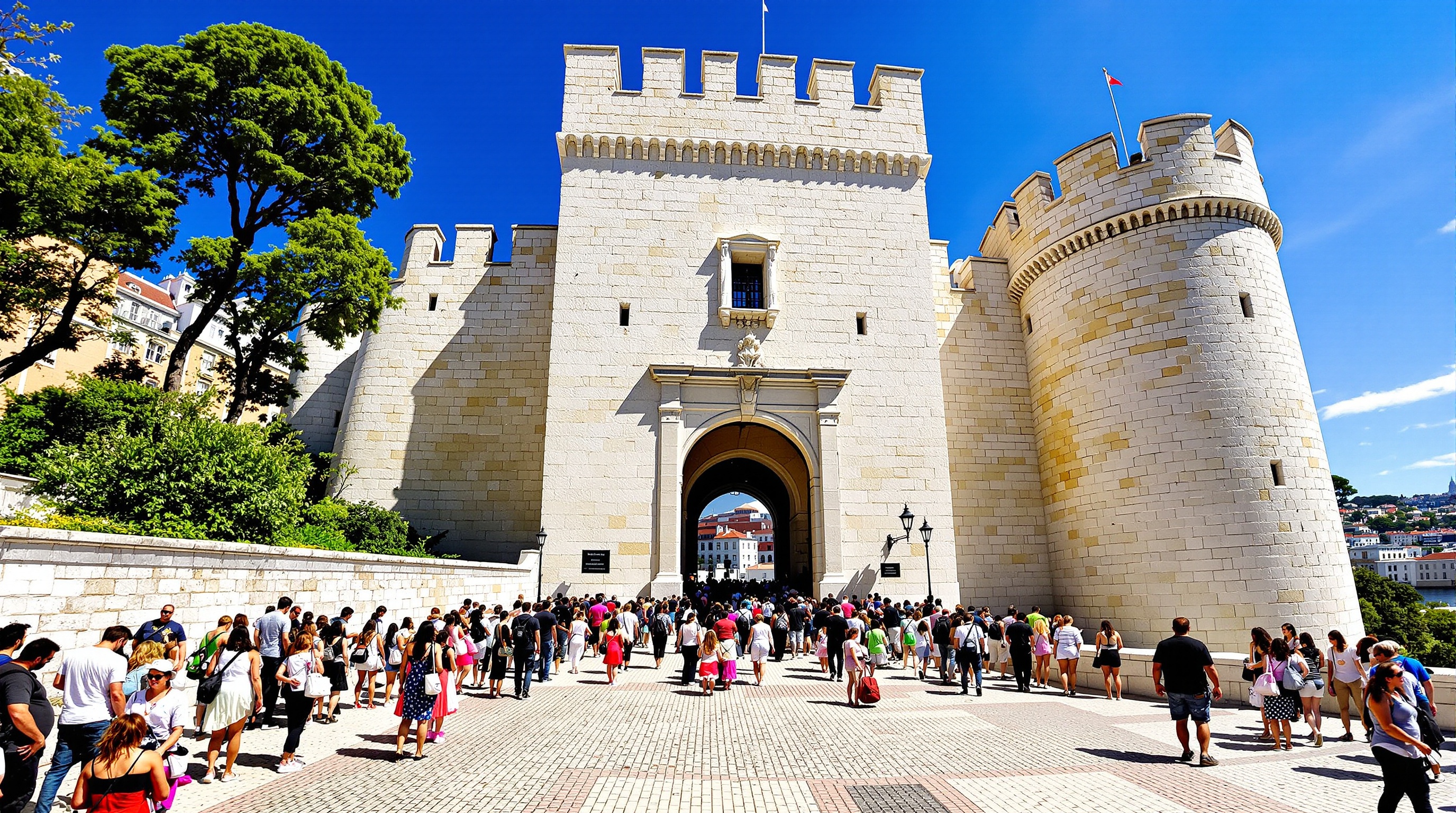 Entrée principale du Castelo de São Jorge avec visiteurs faisant la queue.