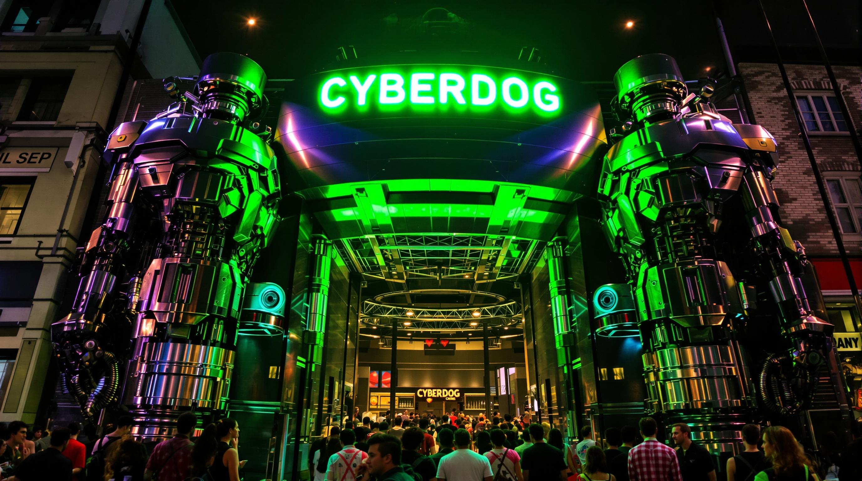 Entrée de Cyberdog avec robots géants et éclairage néon vert.