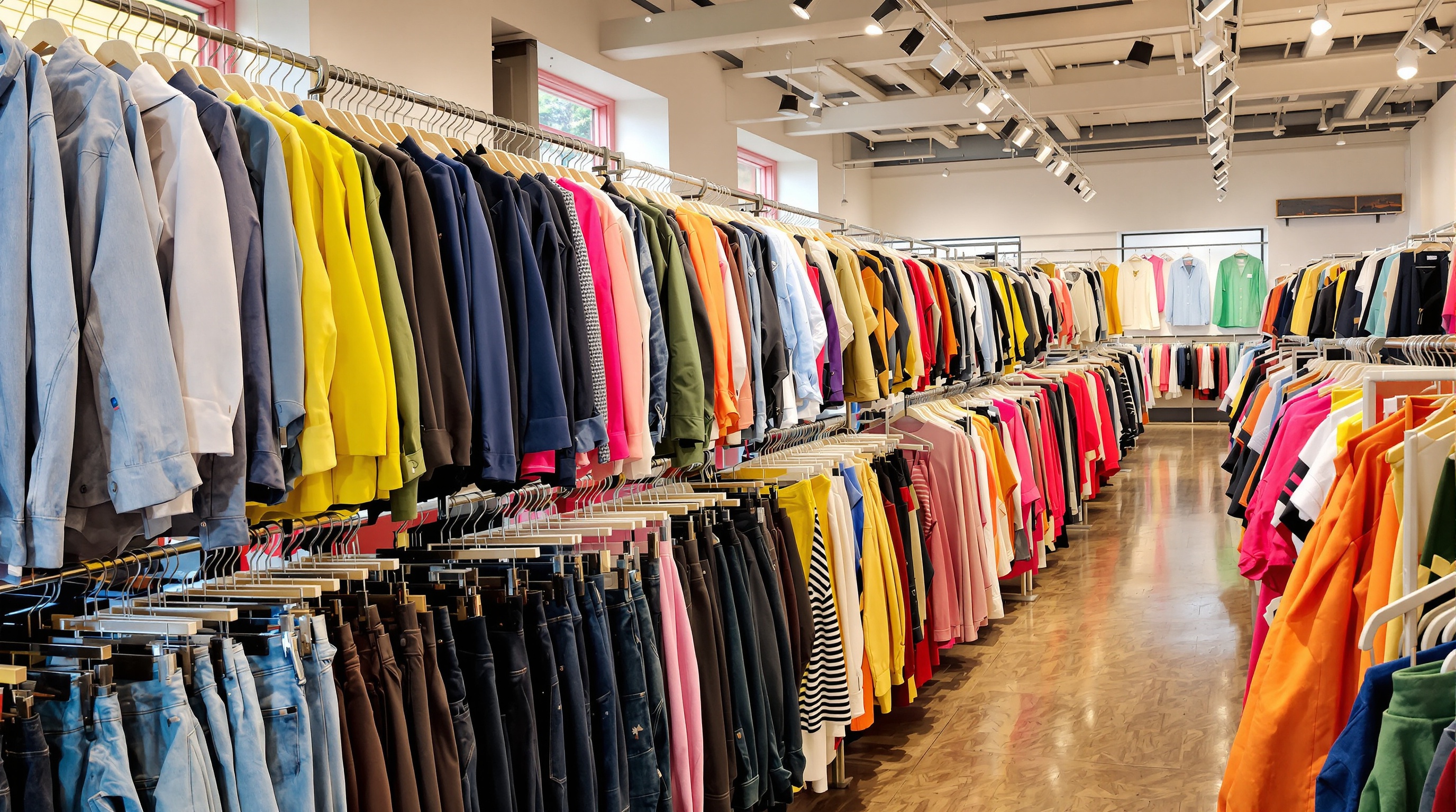 Vue intérieure d'une boutique Episode à Amsterdam, montrant des portants de vêtements parfaitement organisés par couleur et par type, avec une ambiance lumineuse et moderne.