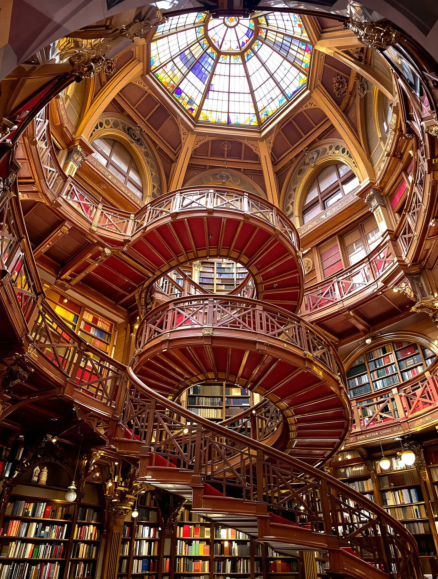 Escalier majestueux en bois de la Librairie Lello, Porto, avec sa rampe rouge emblématique et sa structure néogothique.