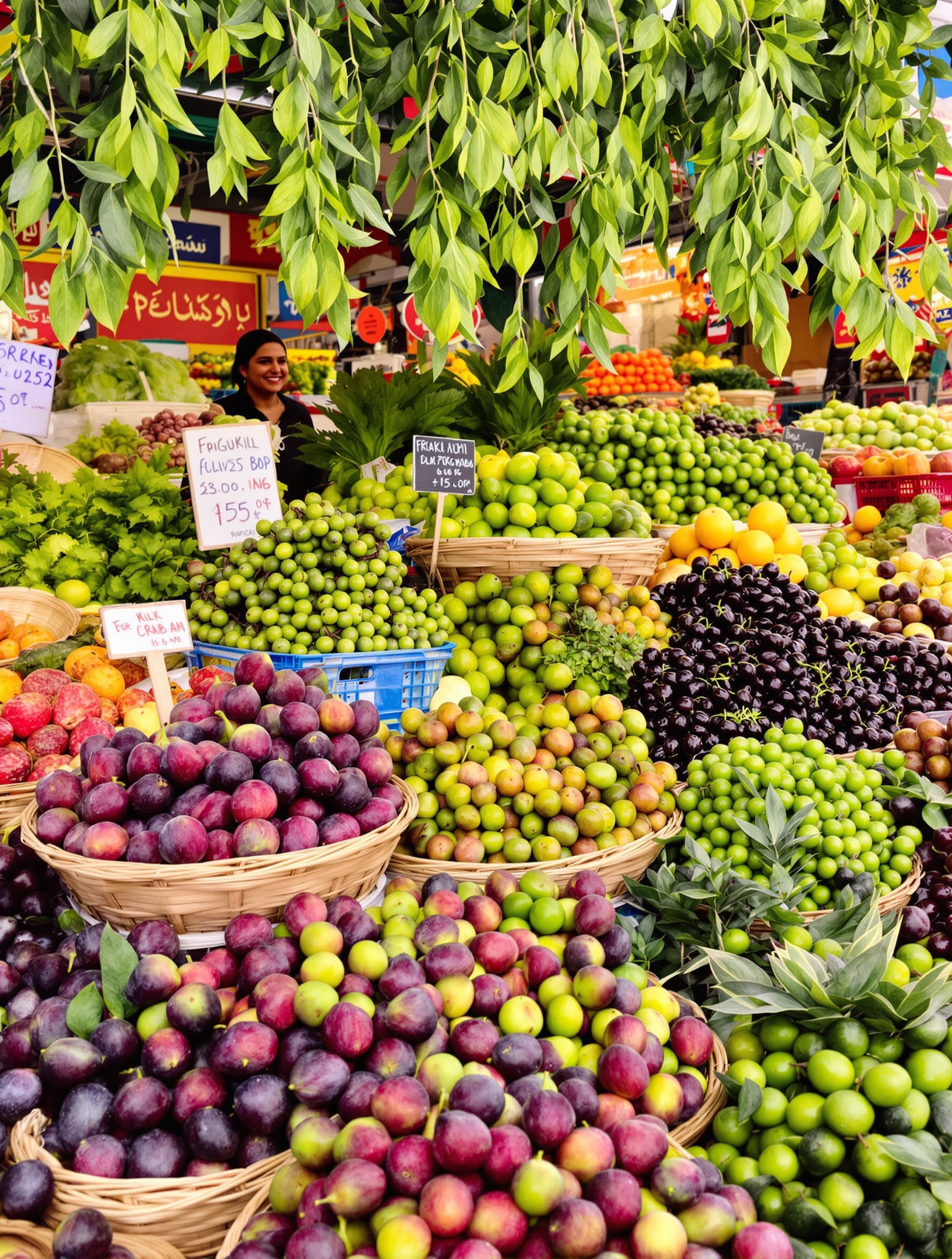 Étal coloré de marché à Aydın avec figues fraîches et produits locaux.