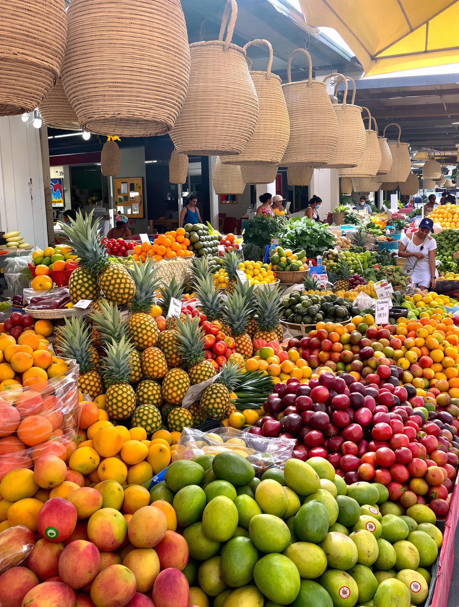 Étal coloré du marché de Fort-de-France, fruits tropicaux et légumes locaux.