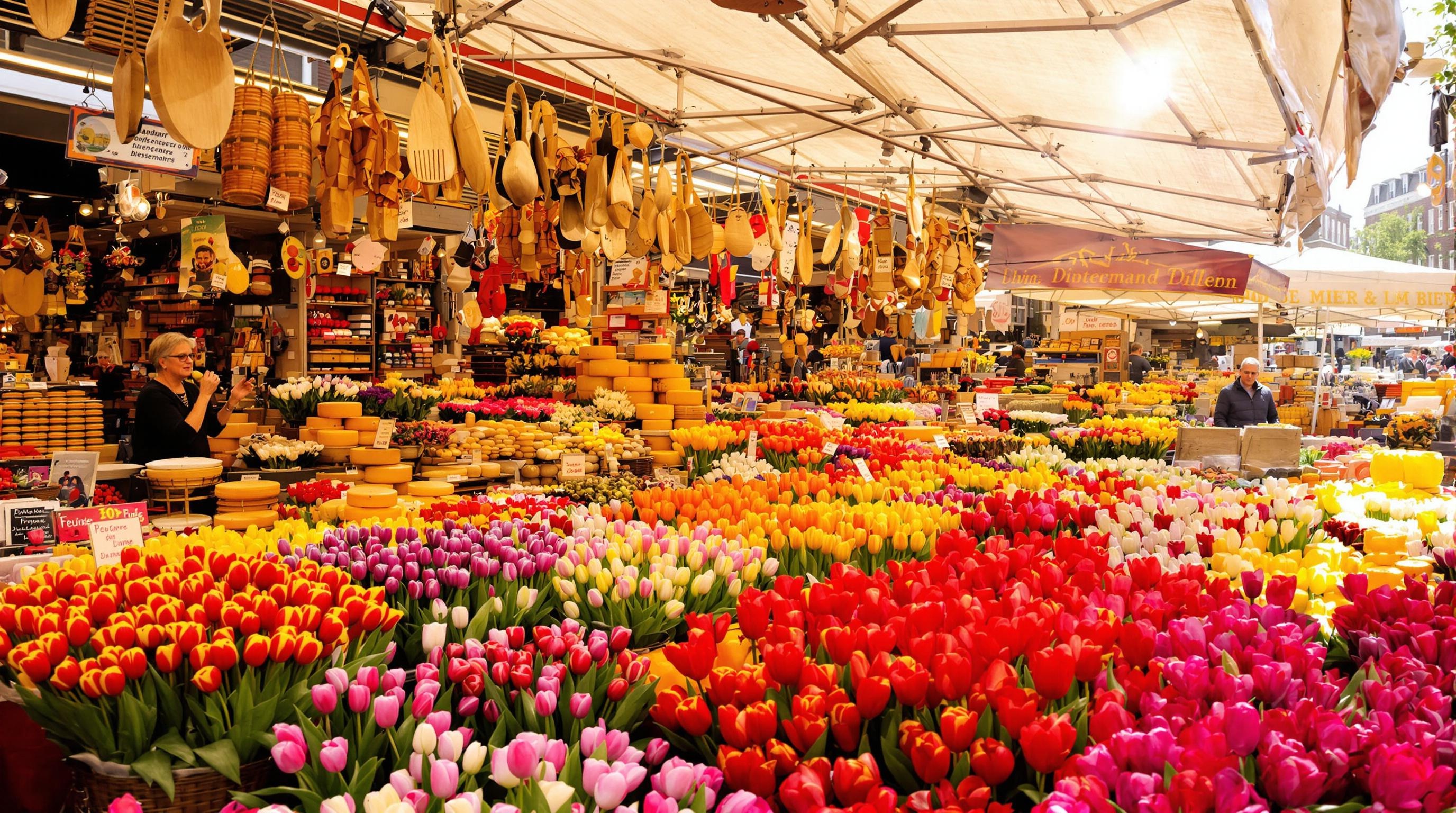 Étals colorés du Bloemenmarkt avec tulipes et souvenirs