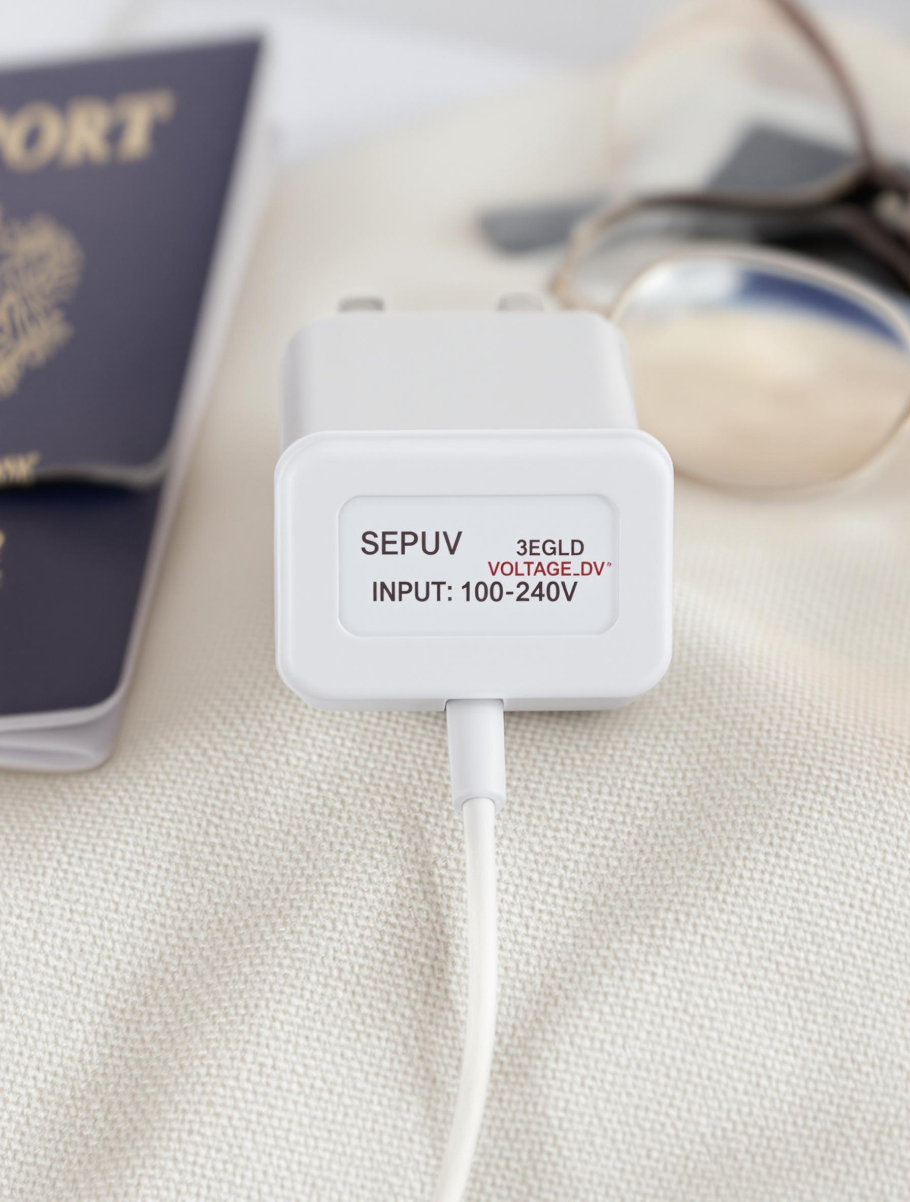 Étiquette de chargeur montrant INPUT: 100-240V.