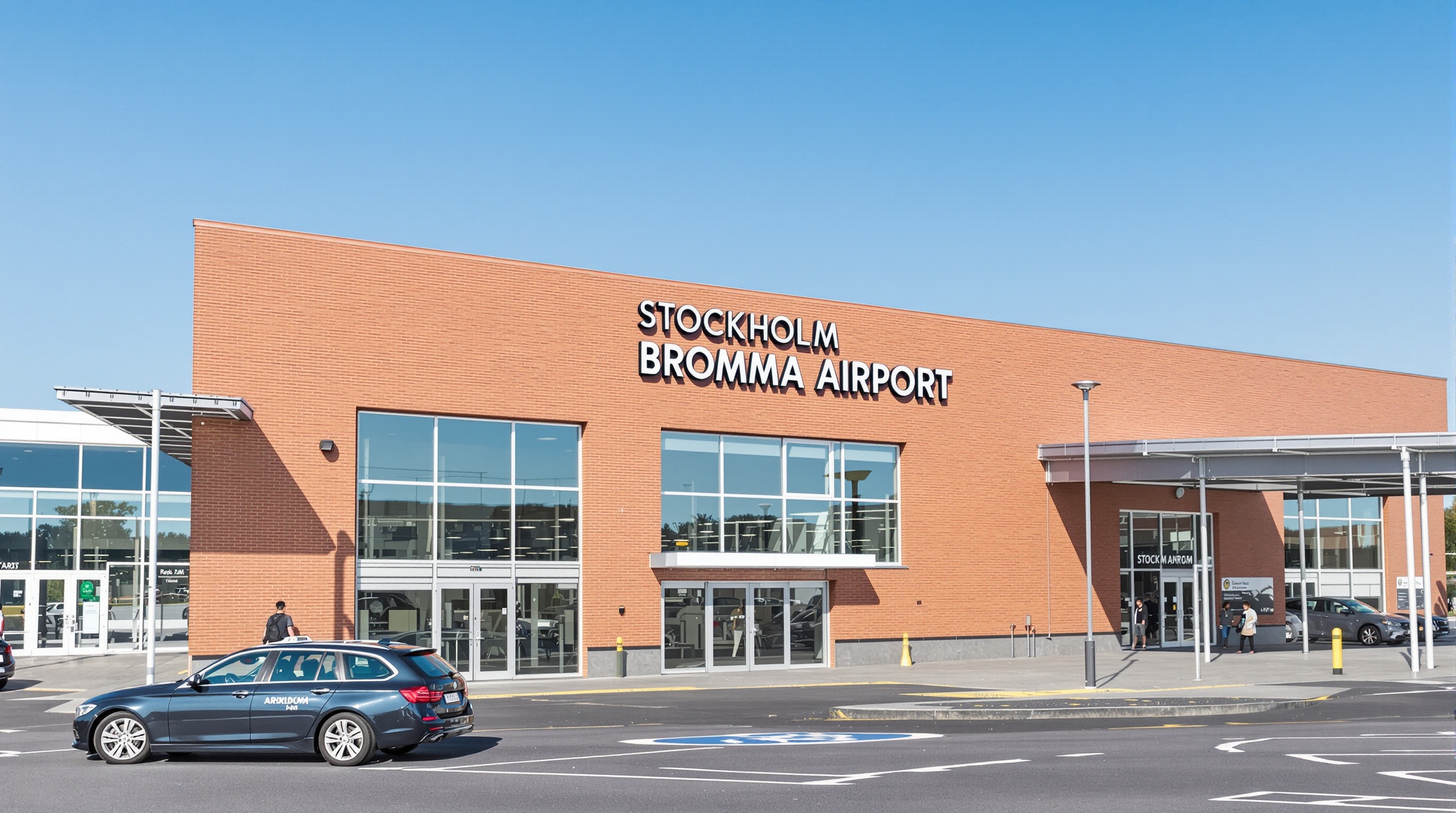 L'extérieur de l'aéroport de Stockholm-Bromma, un terminal à taille humaine en briques rouges, bien plus calme et accessible que le géant Arlanda.