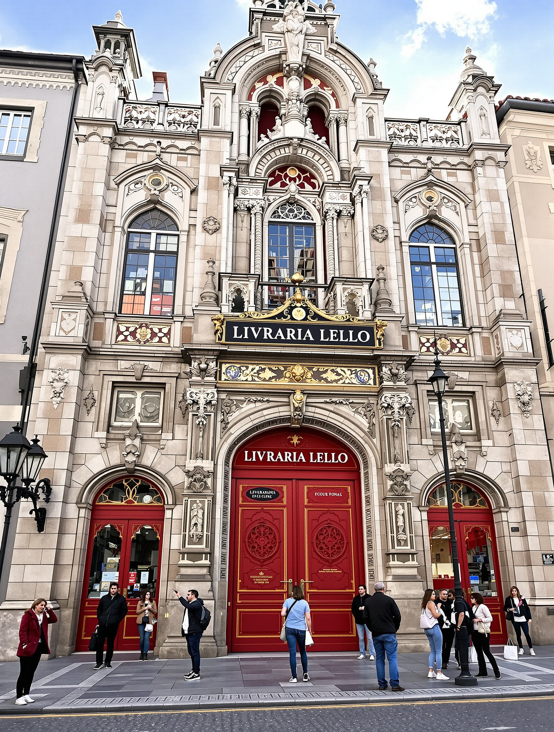 Extérieur de la Librairie Lello, Porto, avec son architecture distincte et une signalétique claire.