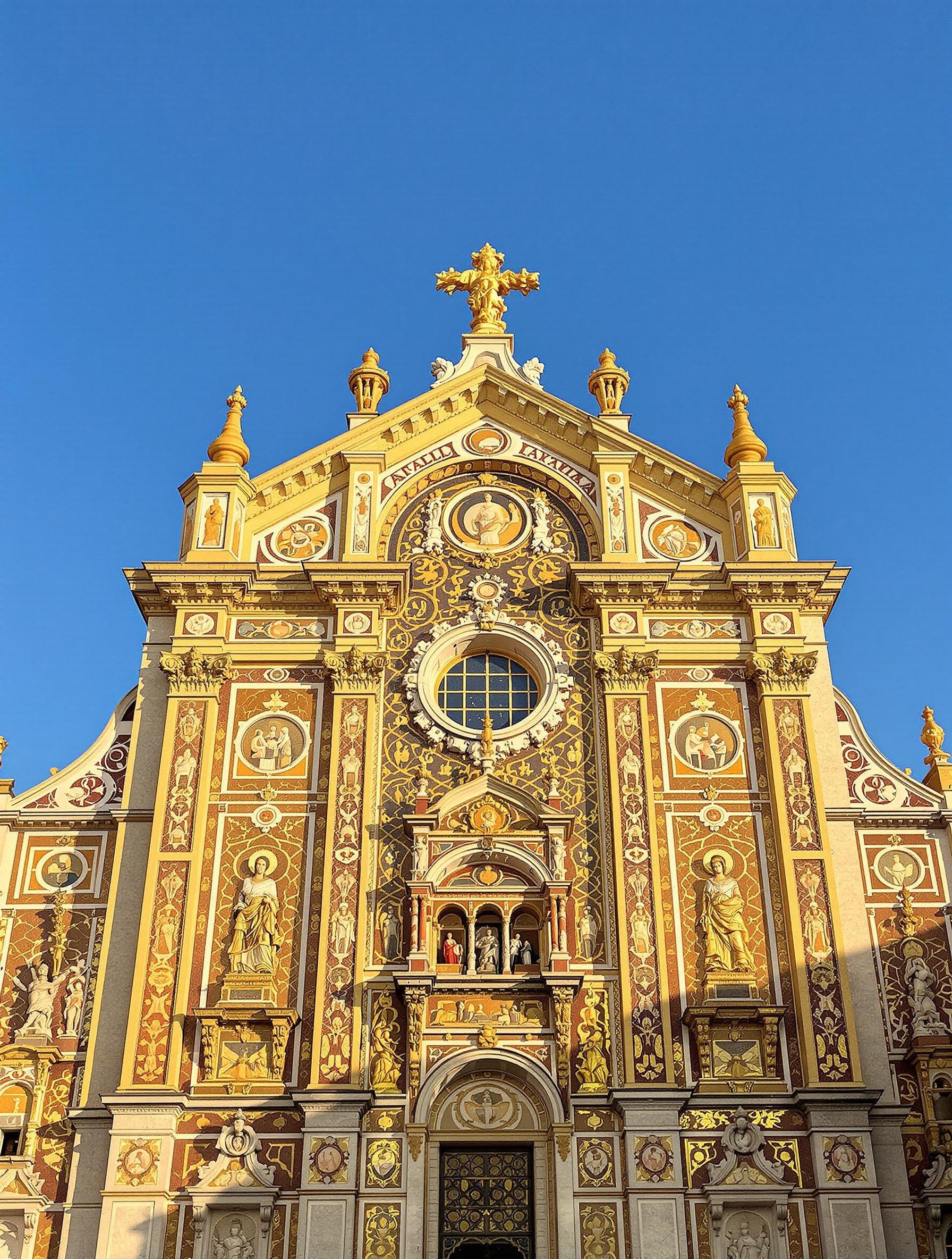 Façade de la Chapelle Palatina à Palerme avec ses mosaïques dorées, prise en lumière matinale