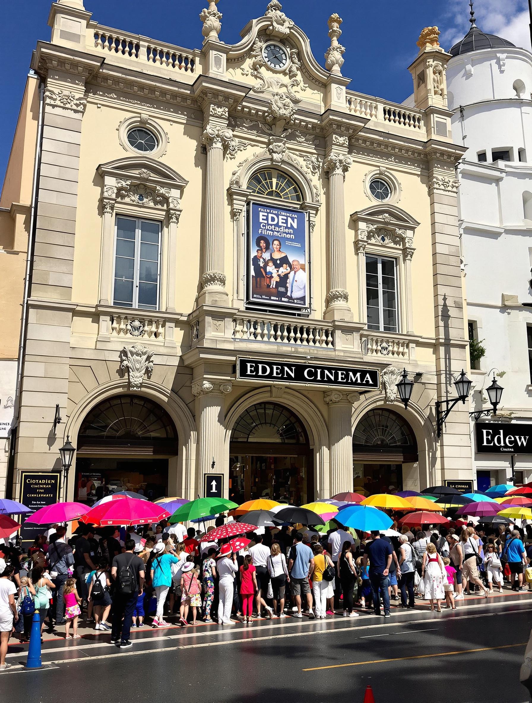 Façade historique du cinéma Eden à La Ciotat, file d’attente intergénérationnelle sous parapluies colorés, affiche du festival ciotadien visible.