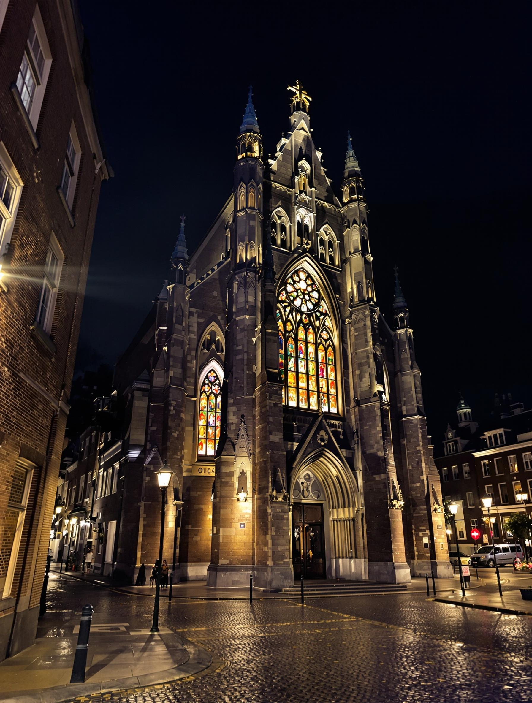 Façade gothique de l’église Oude Kerk éclairée la nuit, avec les ruelles adjacentes.
