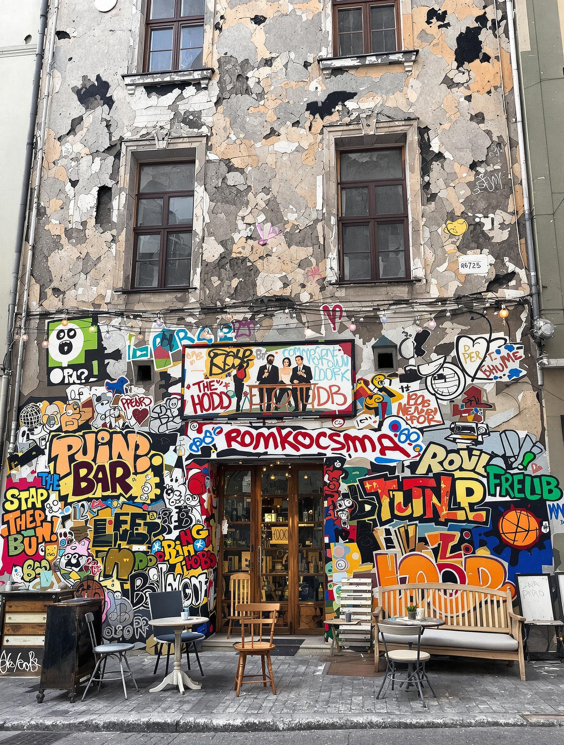 Façade décrépie d’un immeuble transformé en romkocsma avec des graffitis typiques