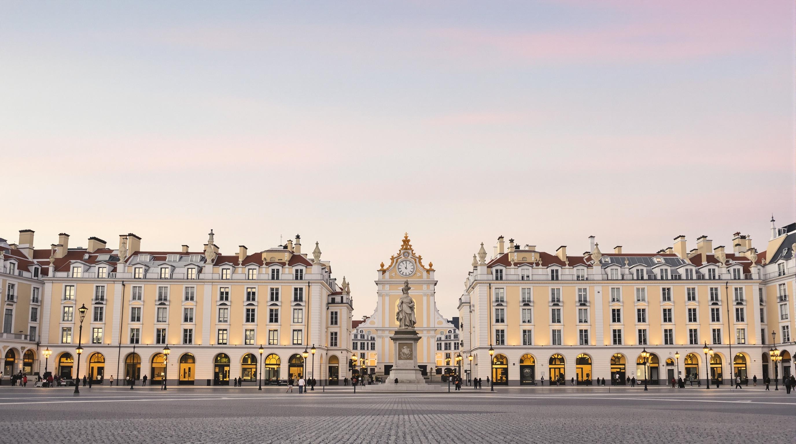 Façades symétriques pombalines autour de la Praça do Comércio sous un ciel pastel