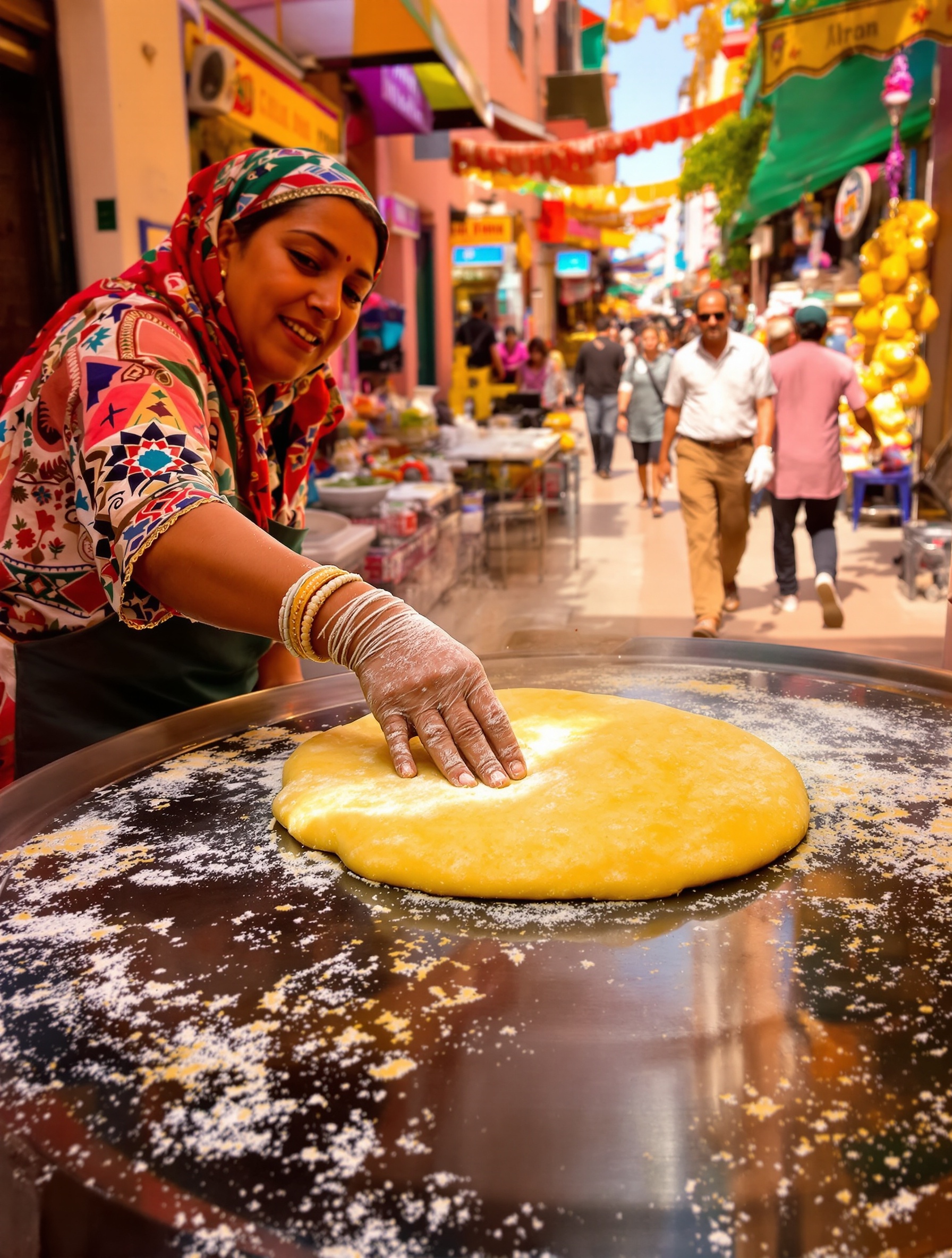 Femme marocaine préparant des Msemen frais sur une plaque à Marrakech