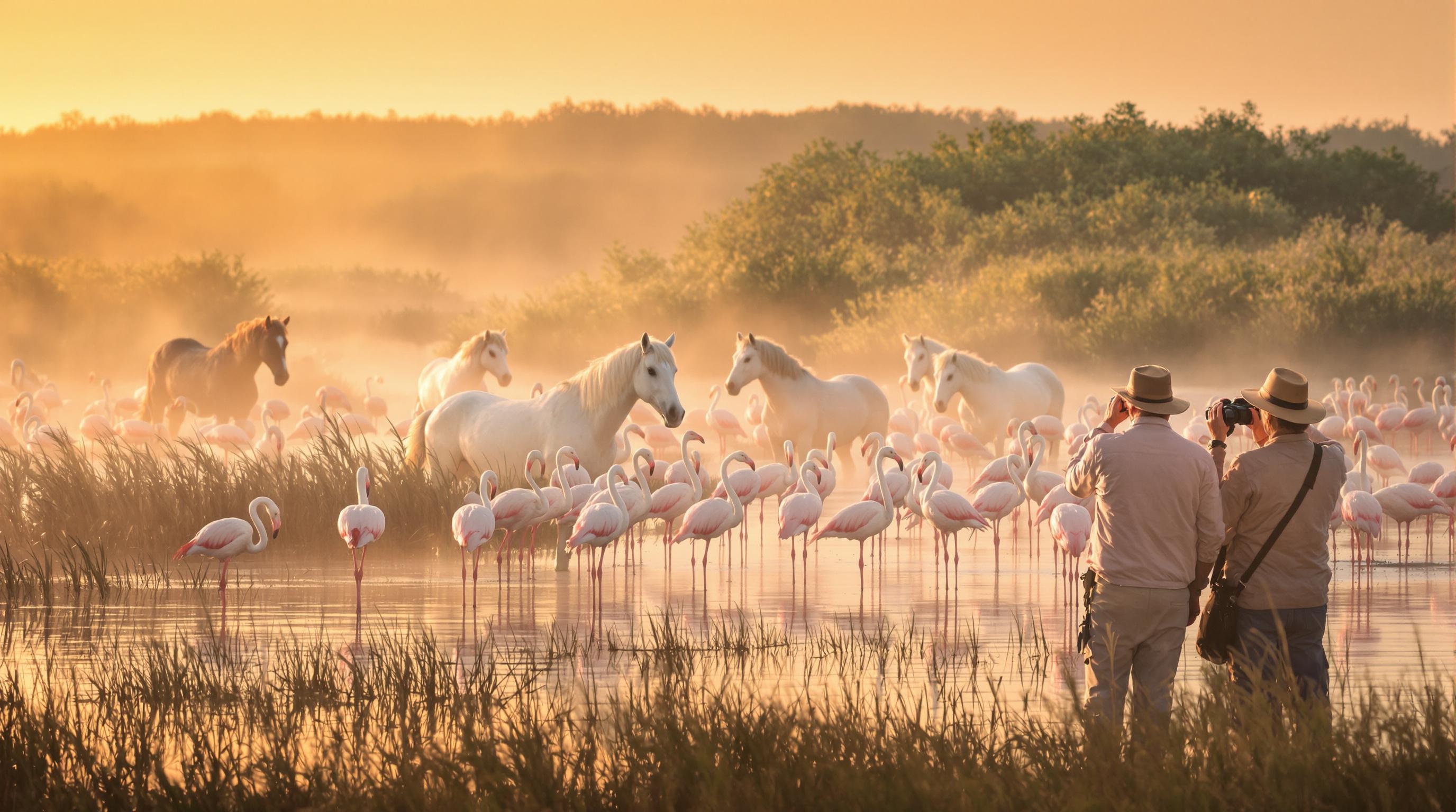 Flamants roses et chevaux camarguais dans un paysage de marais au lever du jour