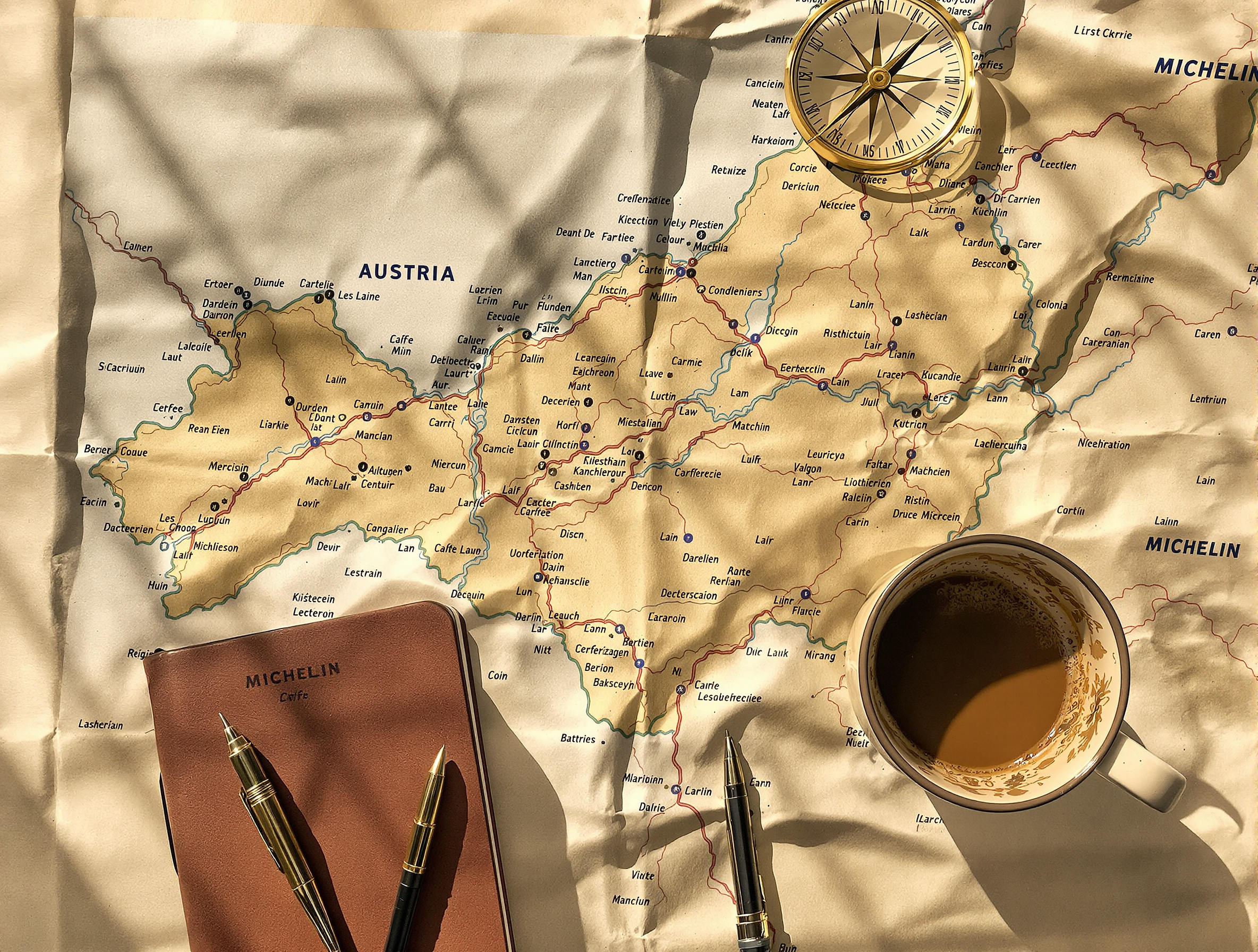 Préparation d’un road trip en Autriche : vieille carte MICHELIN dépliée à côté d’une boussole, carnet de voyage et tasse de café