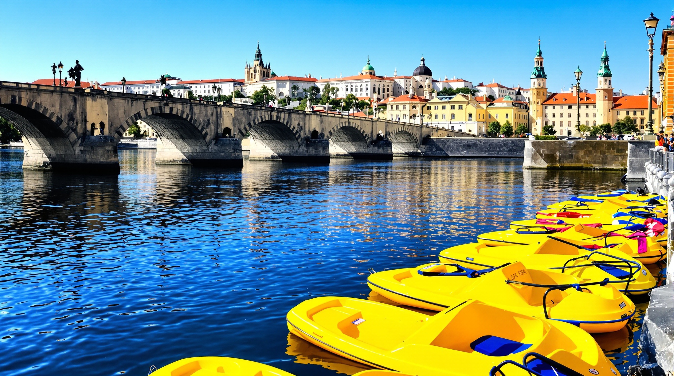 Pédalos jaunes sur la Vltava attendant sous le pont Charles
