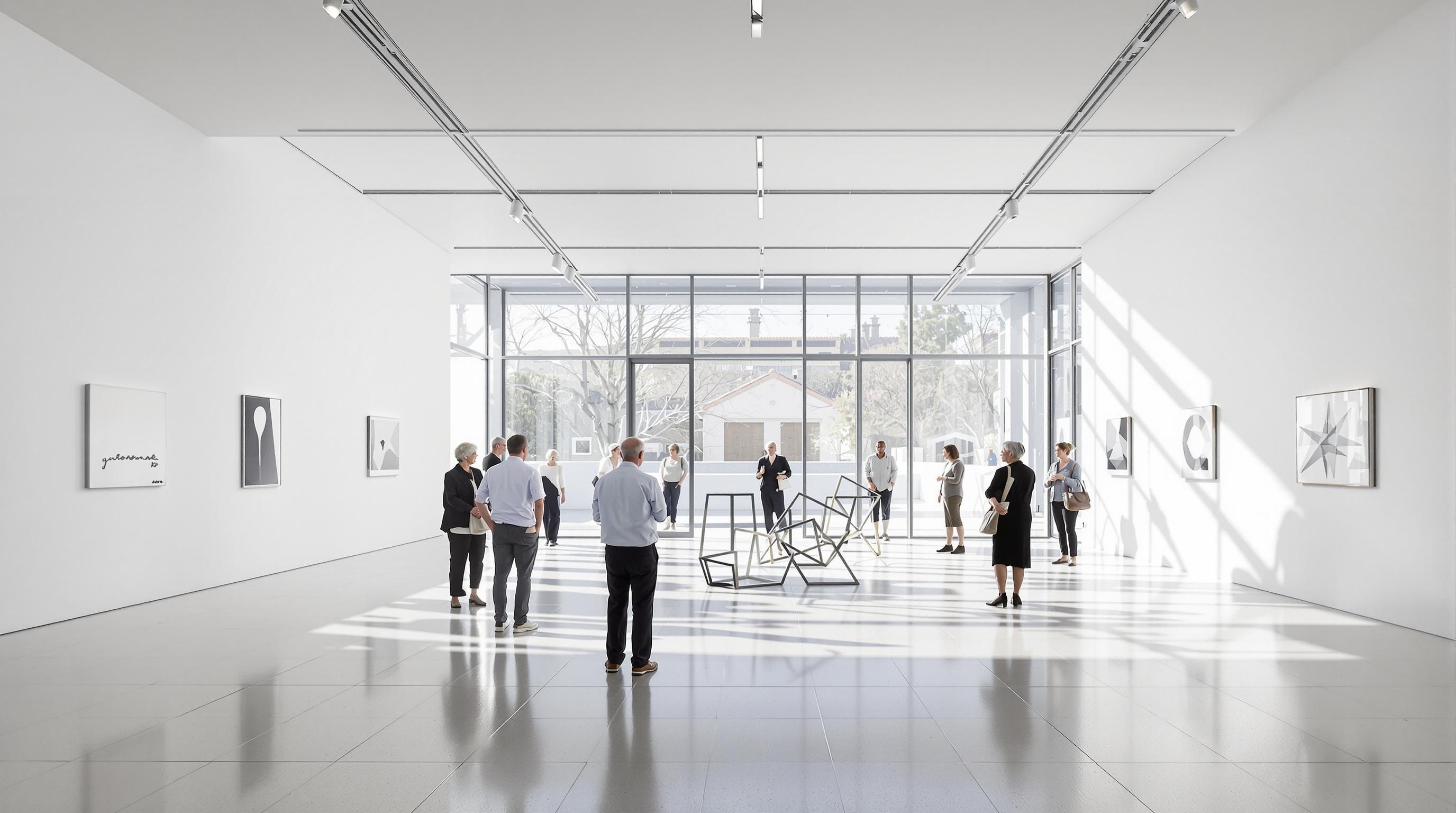 Salle d’exposition minimaliste à la Fondation Helga de Alvear avec sculptures géométriques et visiteurs seniors