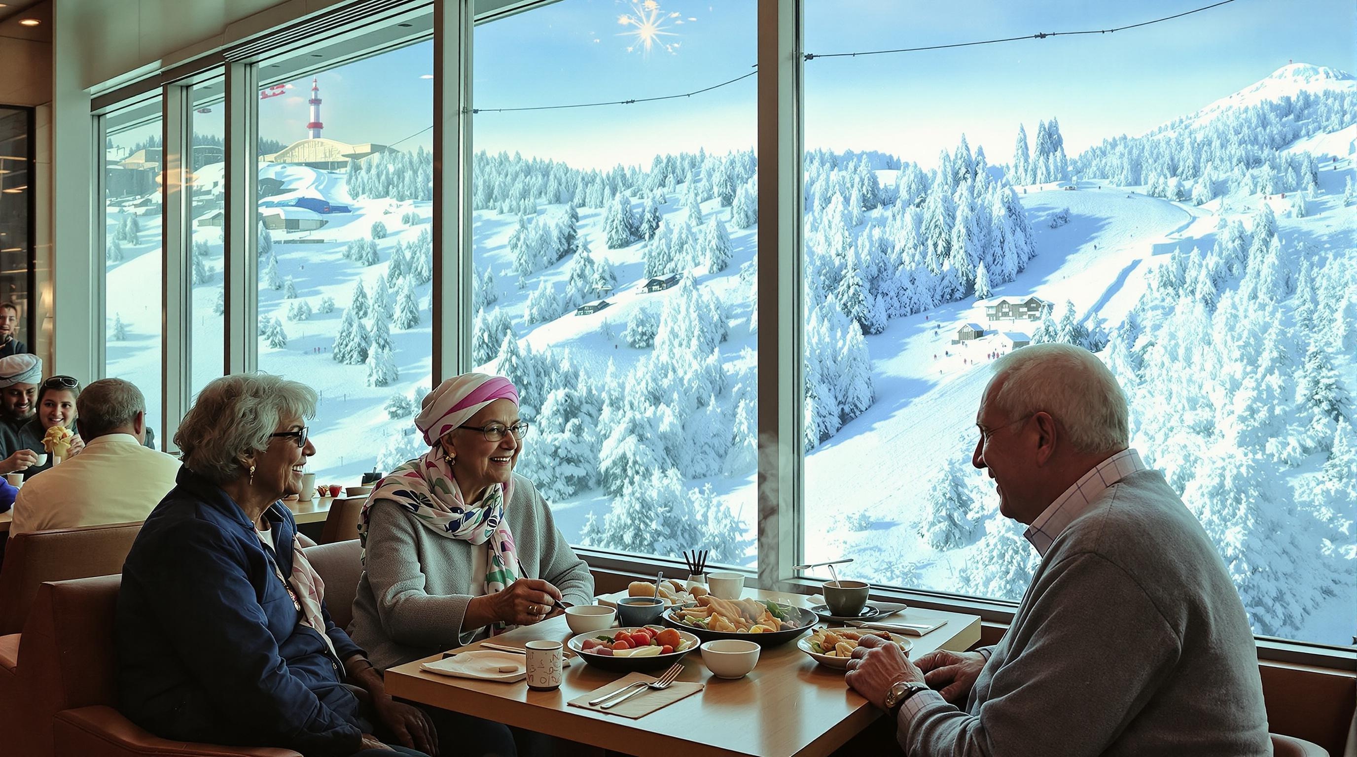 Intérieur du food court avec seniors dégustant un plat chaud.