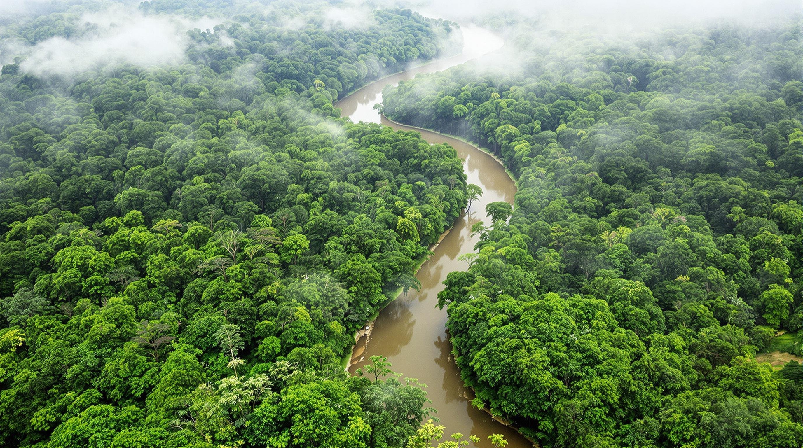 Vue aérienne de la forêt amazonienne en Colombie avec une rivière sinueuse.