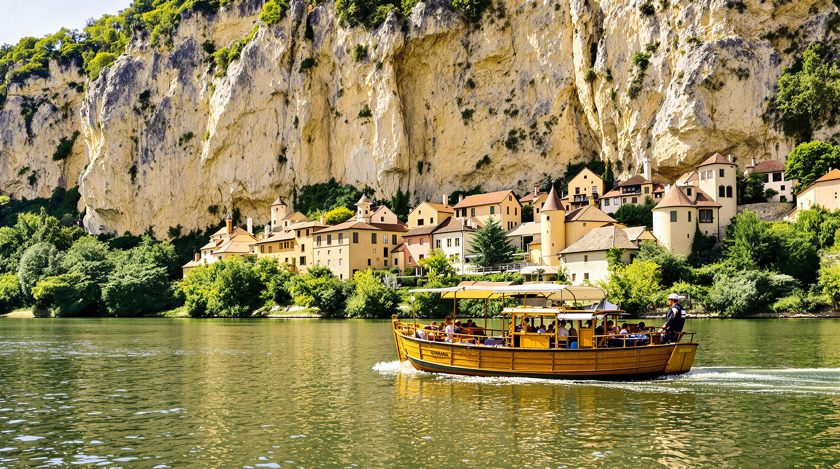Une gabarre traditionnelle naviguant sur la rivière Dordogne, avec le village de La Roque-Gageac et ses maisons ocres à flanc de falaise en arrière-plan.