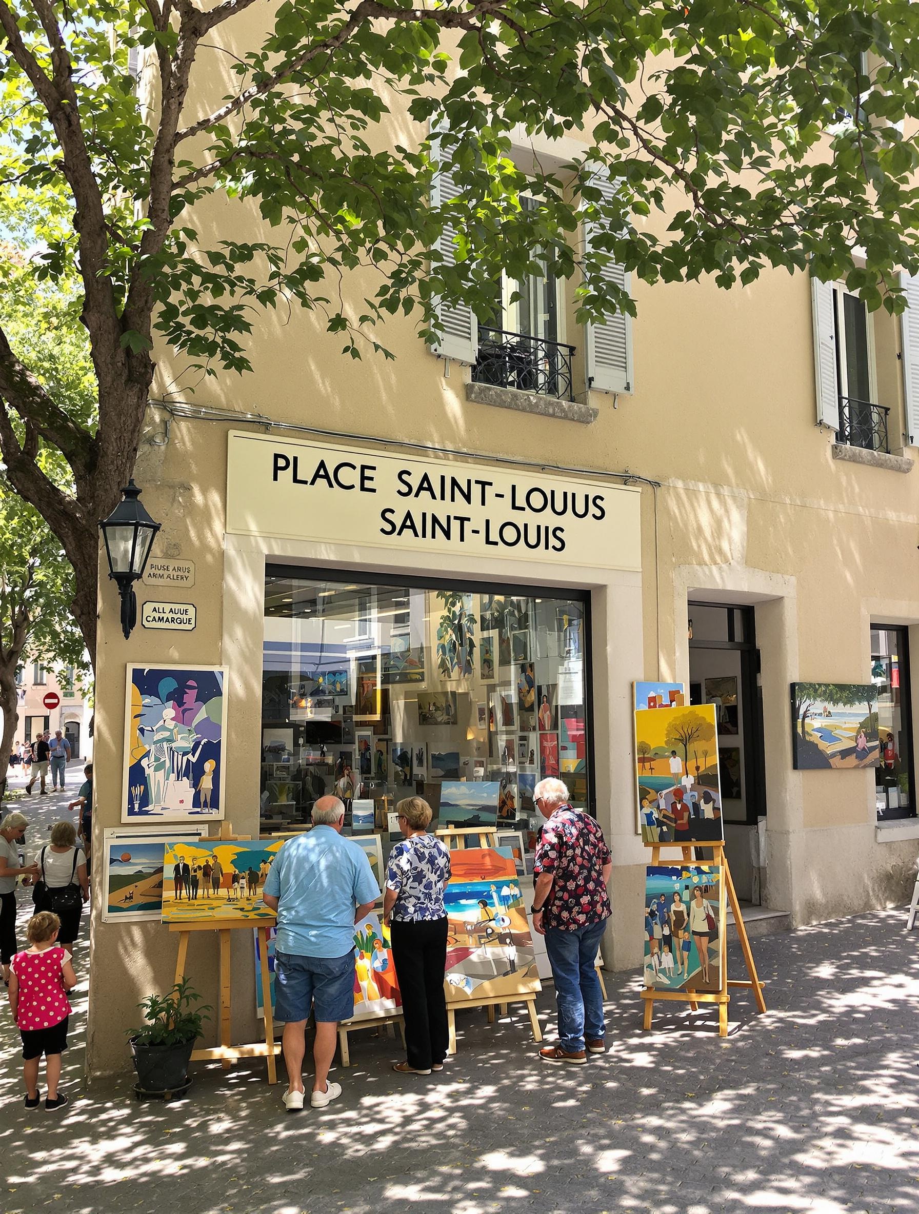 Galeries d'art Place Saint-Louis à Aigues-Mortes, parcours ombragé
