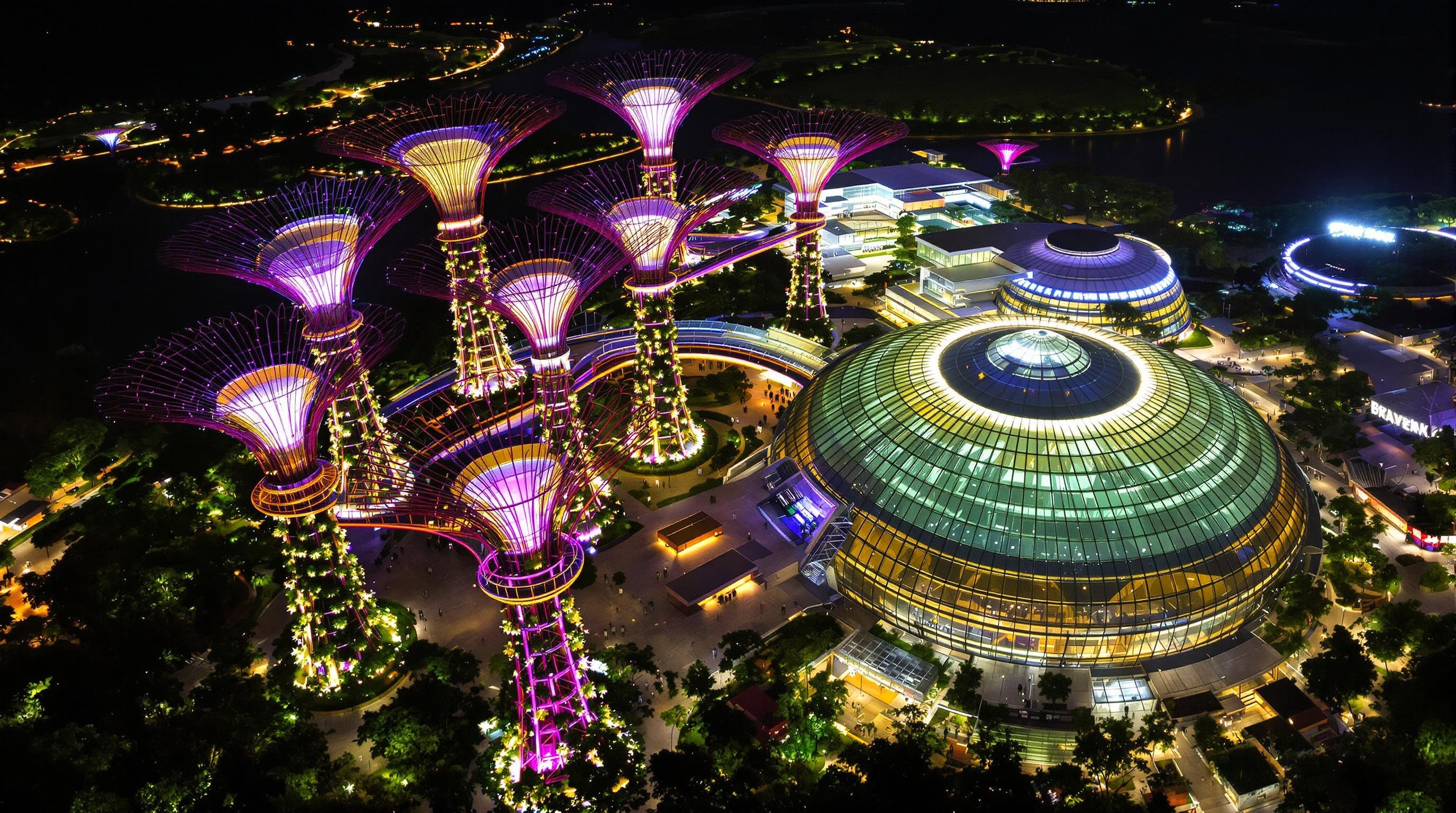 Vue aérienne nocturne des Gardens by the Bay et du Cloud Forest