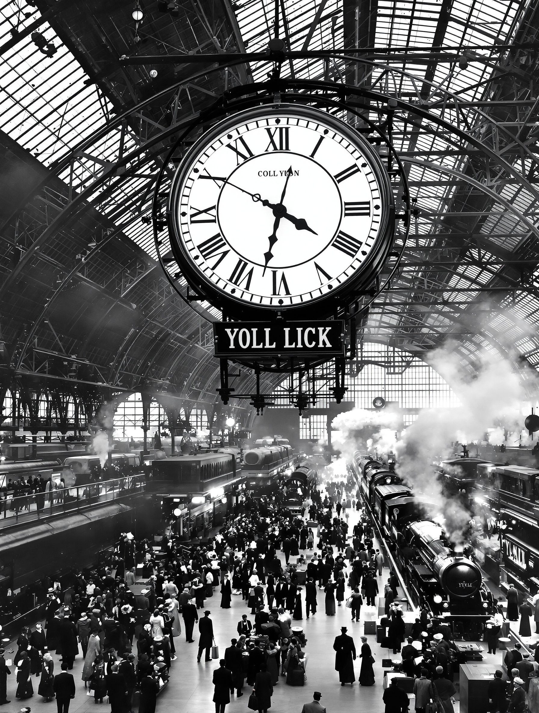 Gravure ancienne gare XIXe siècle horloge visible synchronisation train