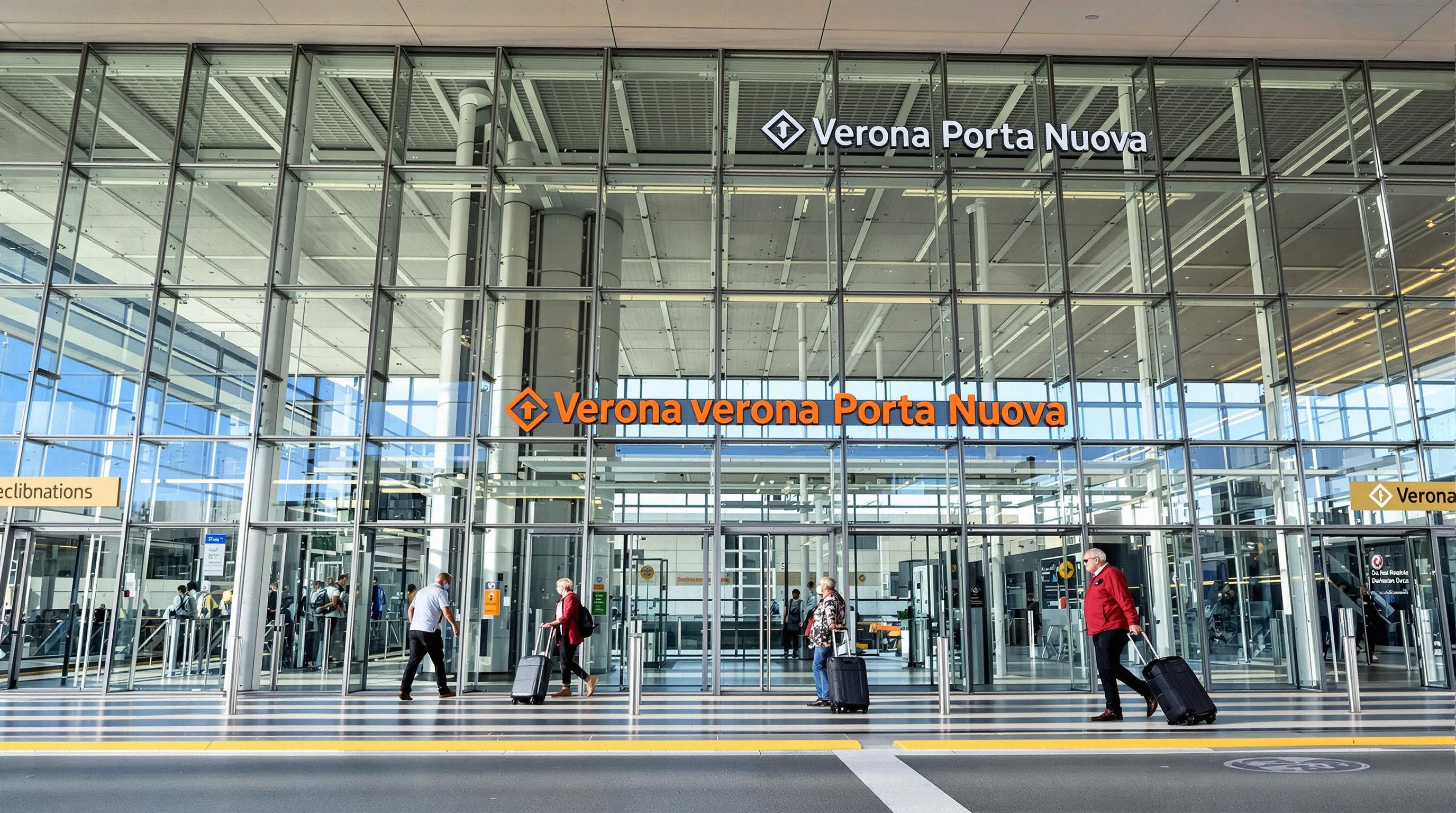 Gare Porta Nuova de Vérone, façade moderne, voyageurs avec valises à roulettes, ascenseur visible sur le quai