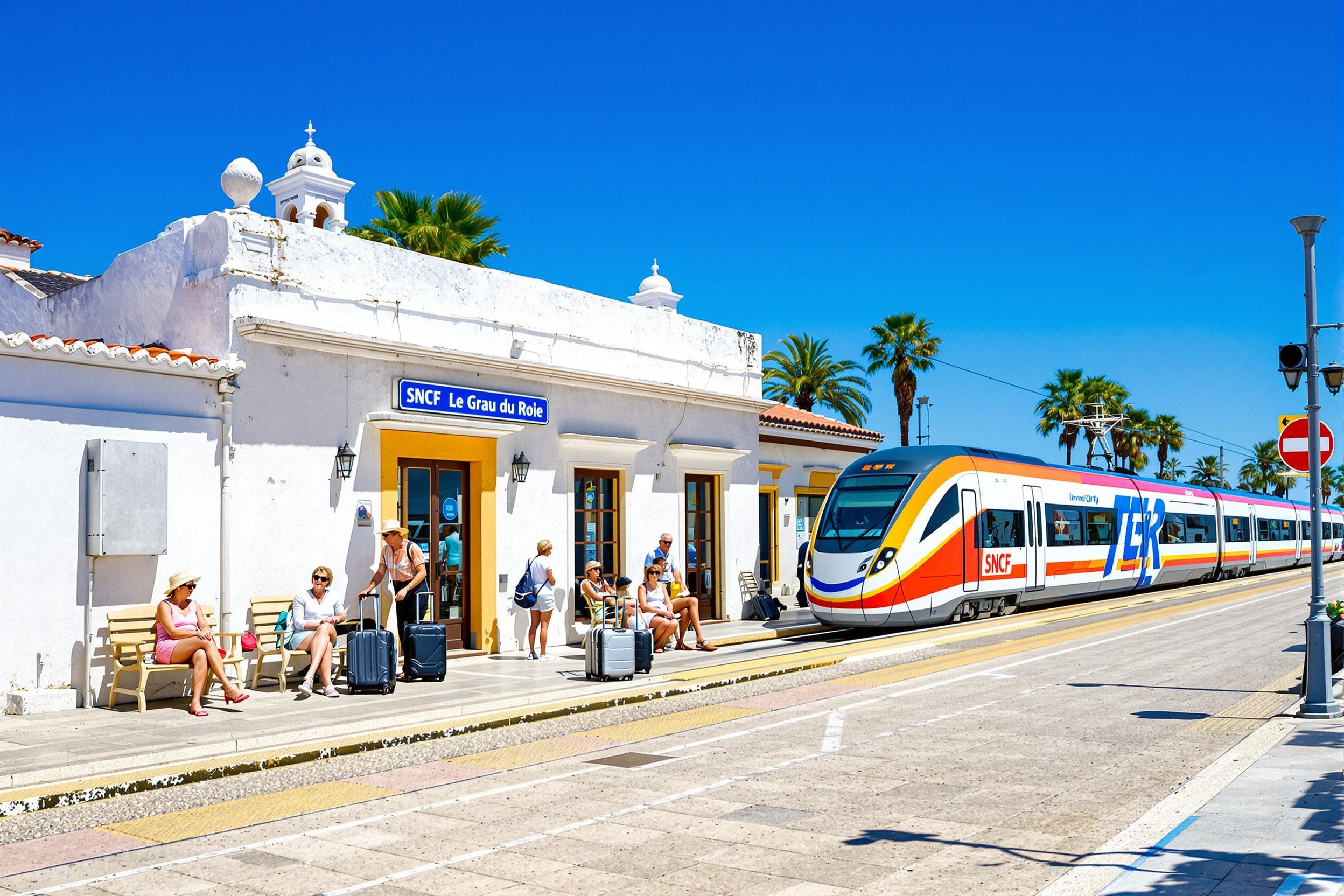 Gare SNCF du Grau-du-Roi avec TER Occitanie et ambiance paisible