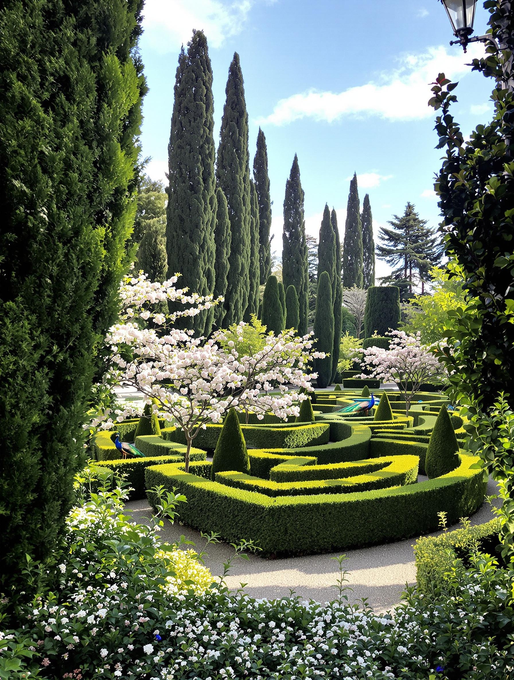Giardino Giusti à Vérone au printemps, arbres en fleurs et paons