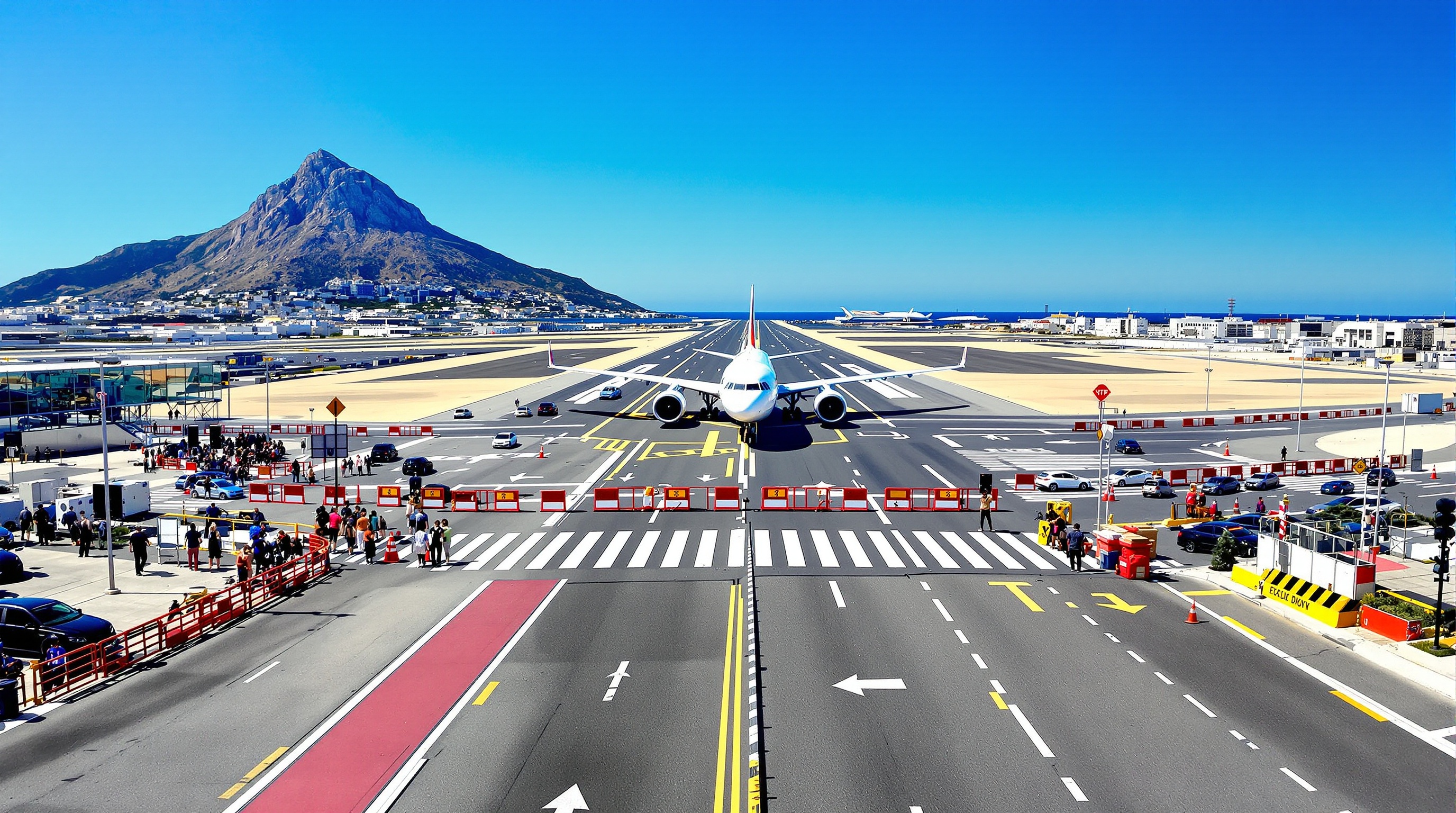 Photo spectaculaire de la piste d'atterrissage de l'aéroport de Gibraltar traversée par l'avenue Winston Churchill, avec les barrières de circulation abaissées pour laisser passer un avion.