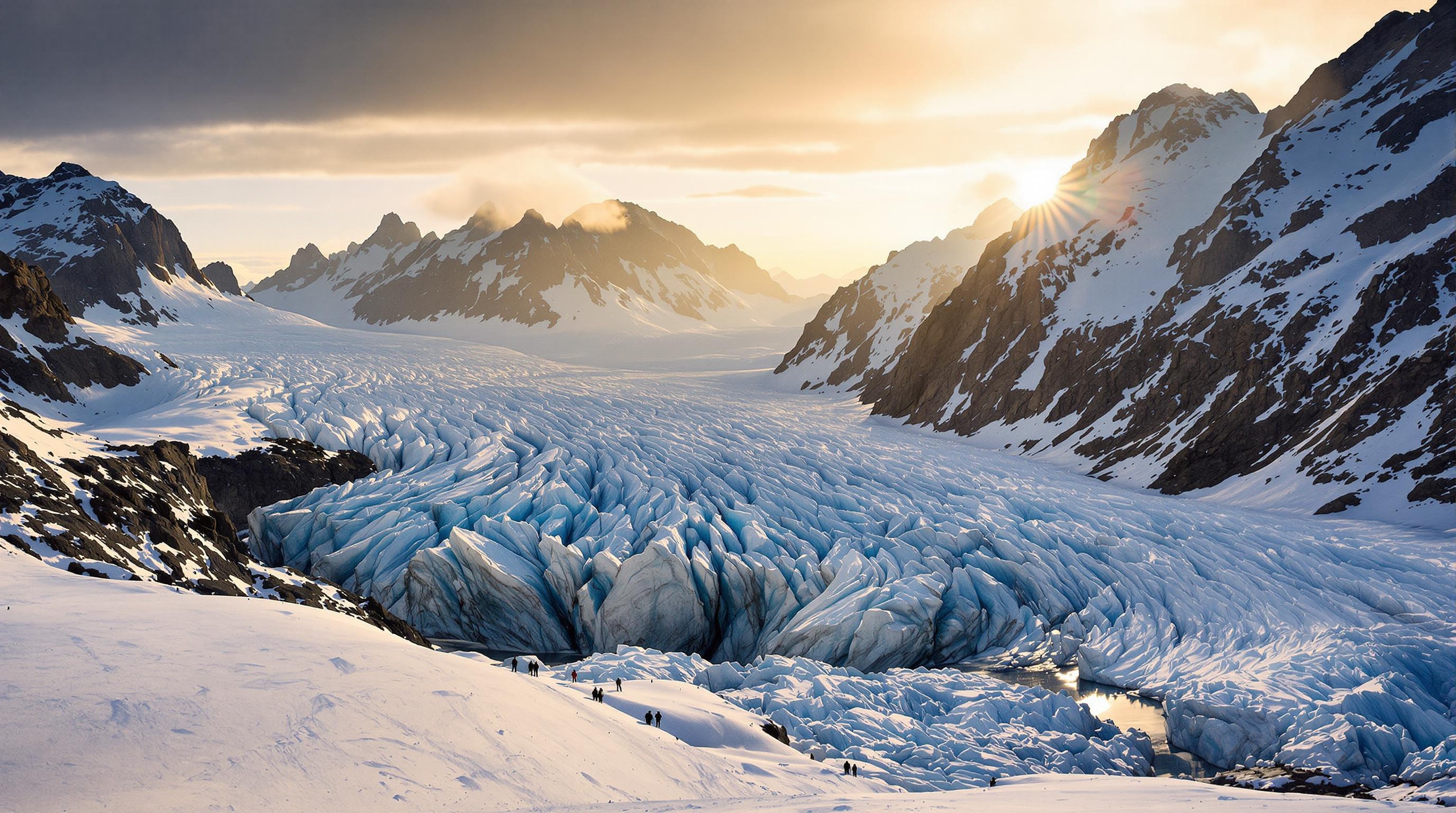 Le glacier du Lyskamm vu depuis le Planpincieux, avec skieurs en arrière-plan.