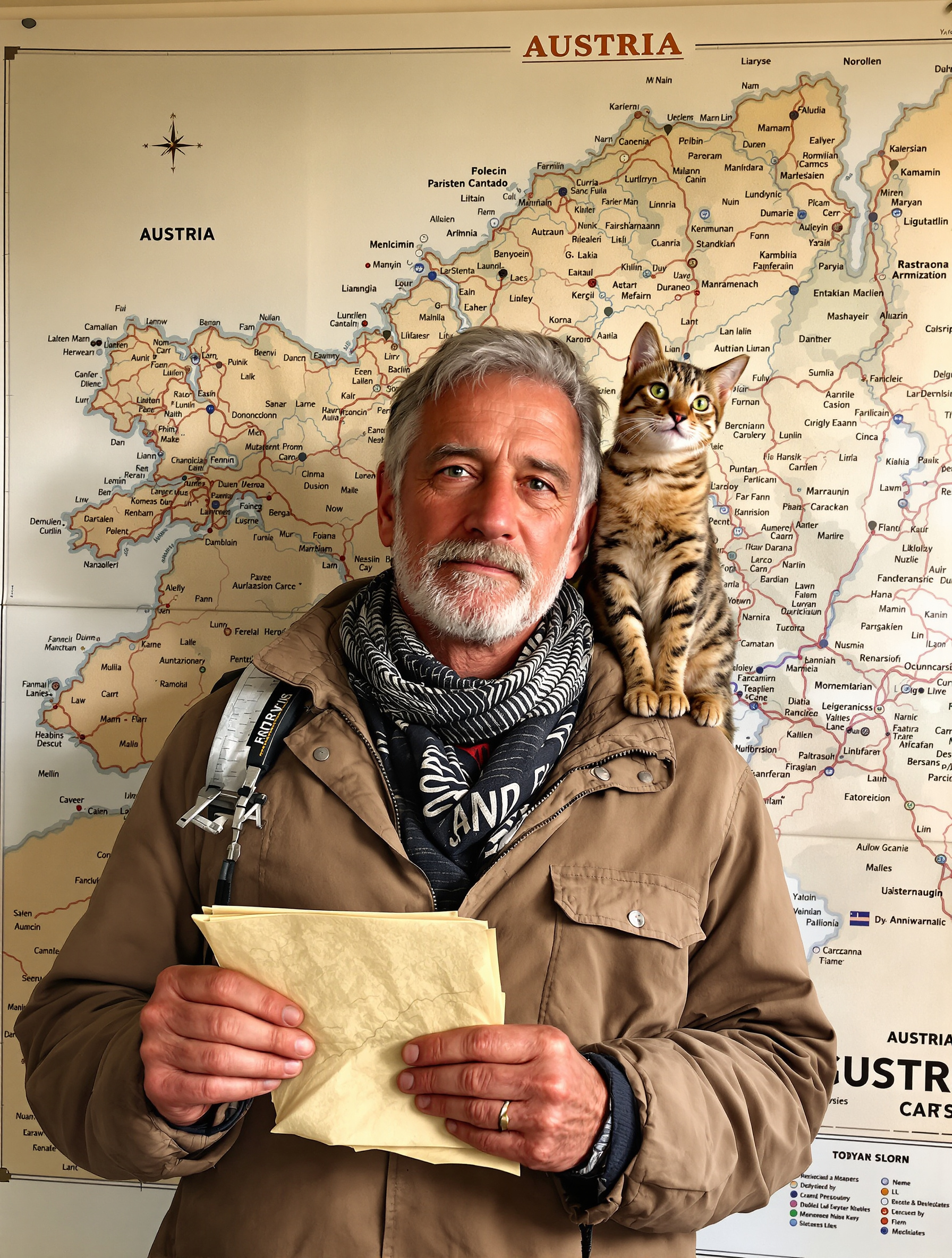 Globe-trotter senior au visage buriné avec son chat Bengal devant une grande carte d'Autriche