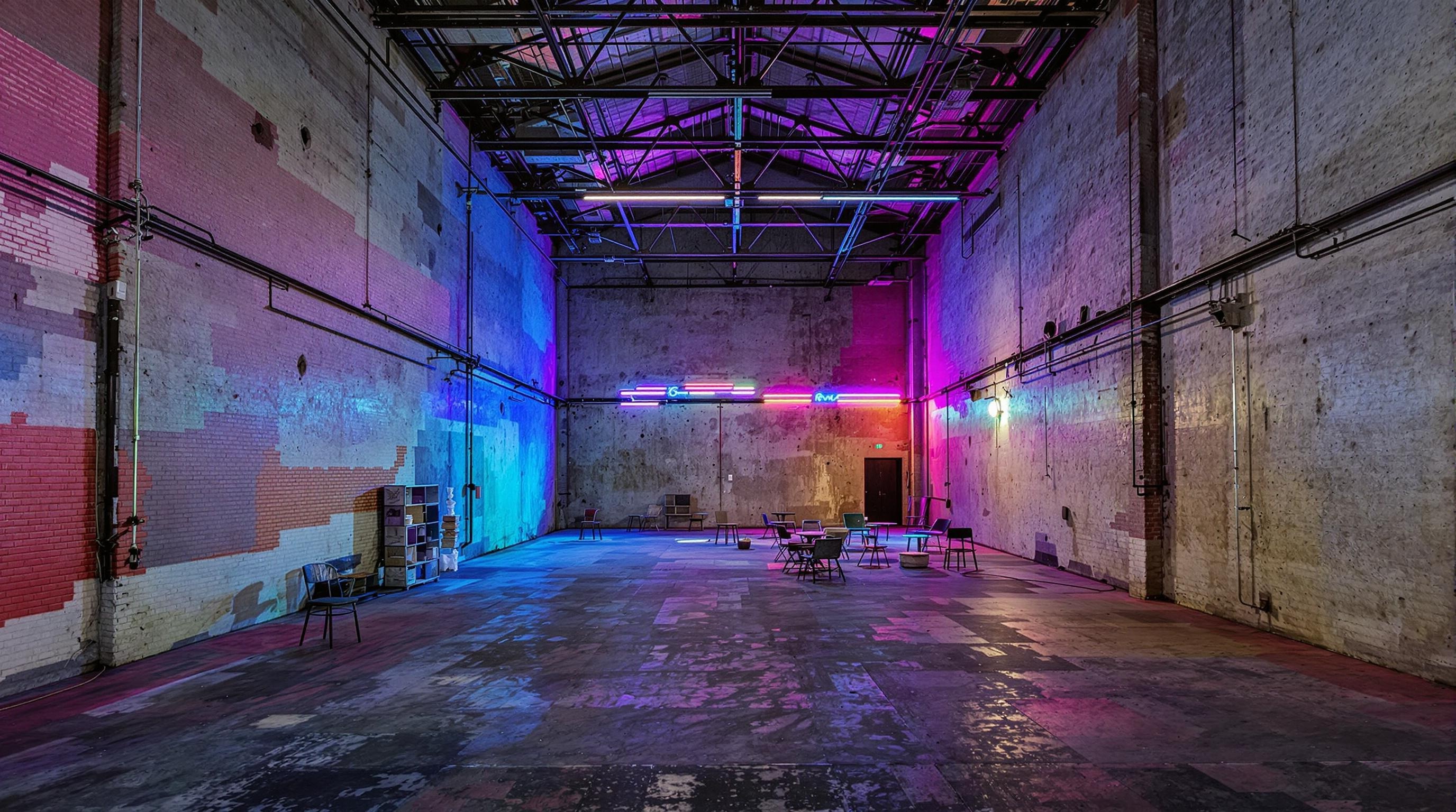 Grande salle industrielle d’Anker’t avec des murs bruts et des néons