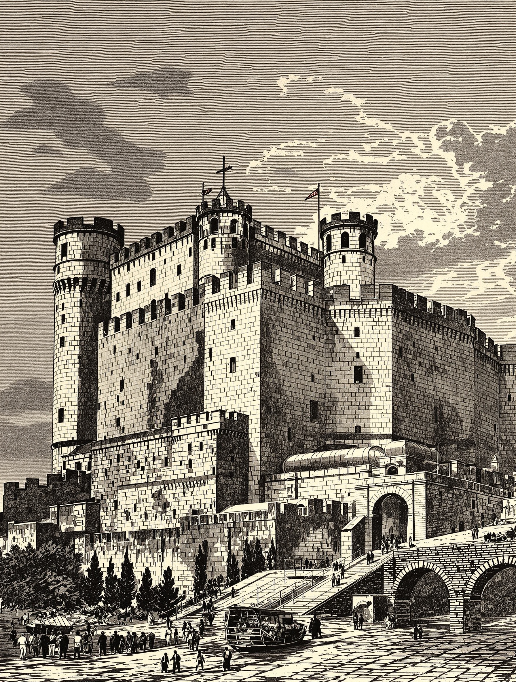Gravure ancienne du Castel Sant'Elmo illustrant sa fonction défensive sur la colline du Vomero