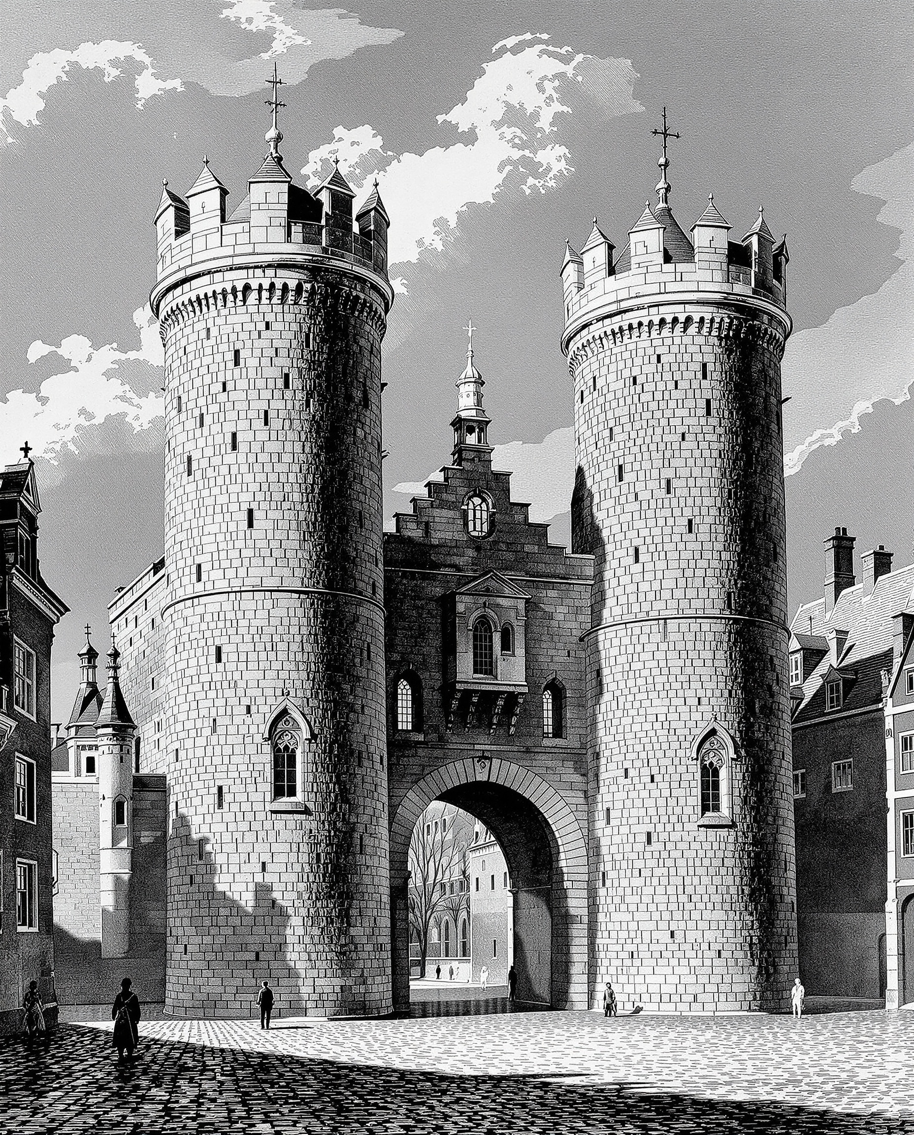 Gravure historique de la porte médiévale Regulierspoort à Amsterdam, avec ses deux tours jumelles.