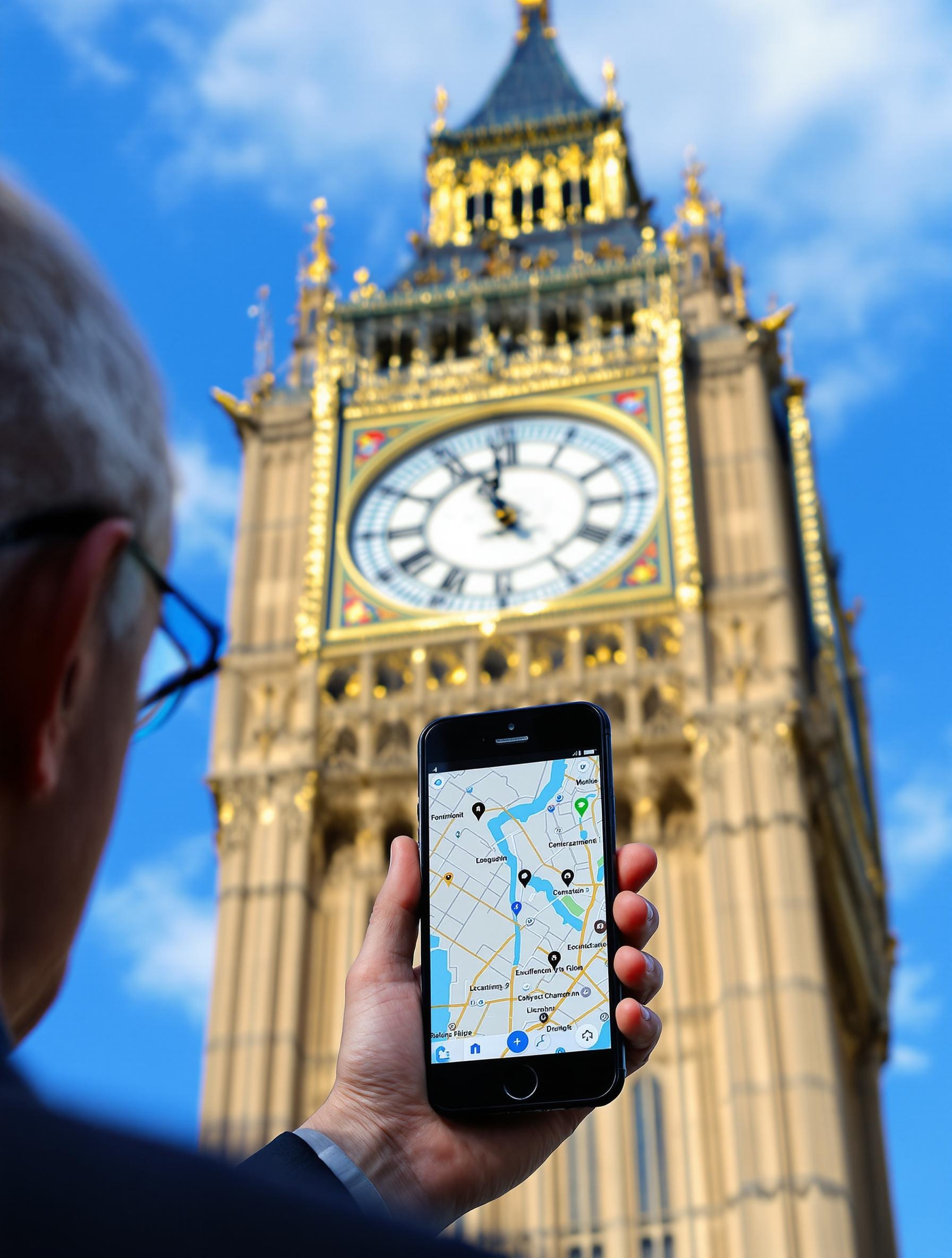 Horloge de Big Ben en gros plan, ciel bleu, silhouette d’un senior lève son smartphone affichant la carte.