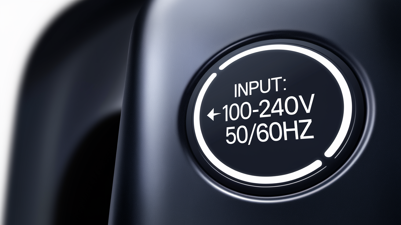 Gros plan sur l'étiquette d'un chargeur où la mention 'INPUT: 100-240V ~ 50/60Hz' est entourée.