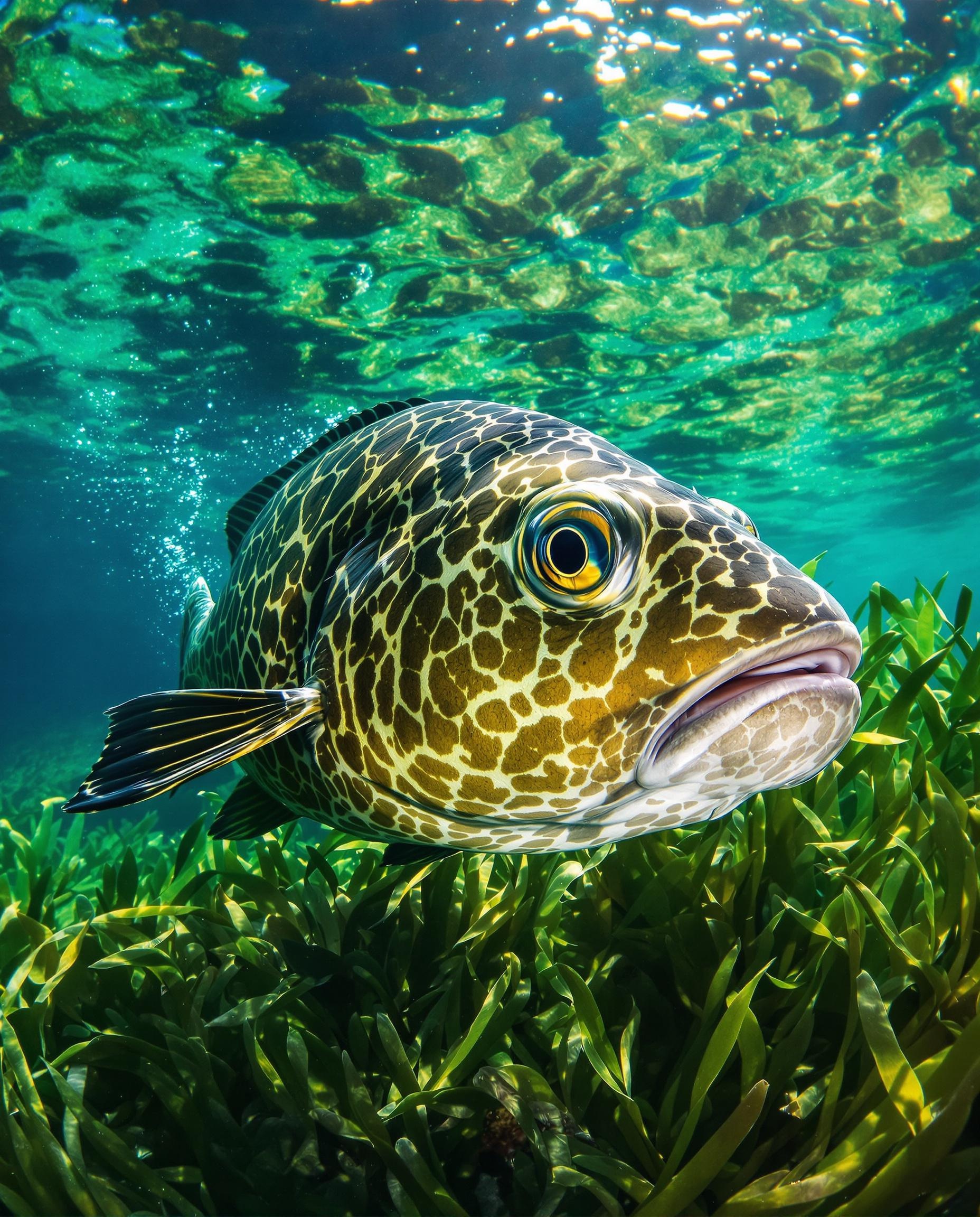 Mérou adulte dans un herbier de posidonie en Méditerranée