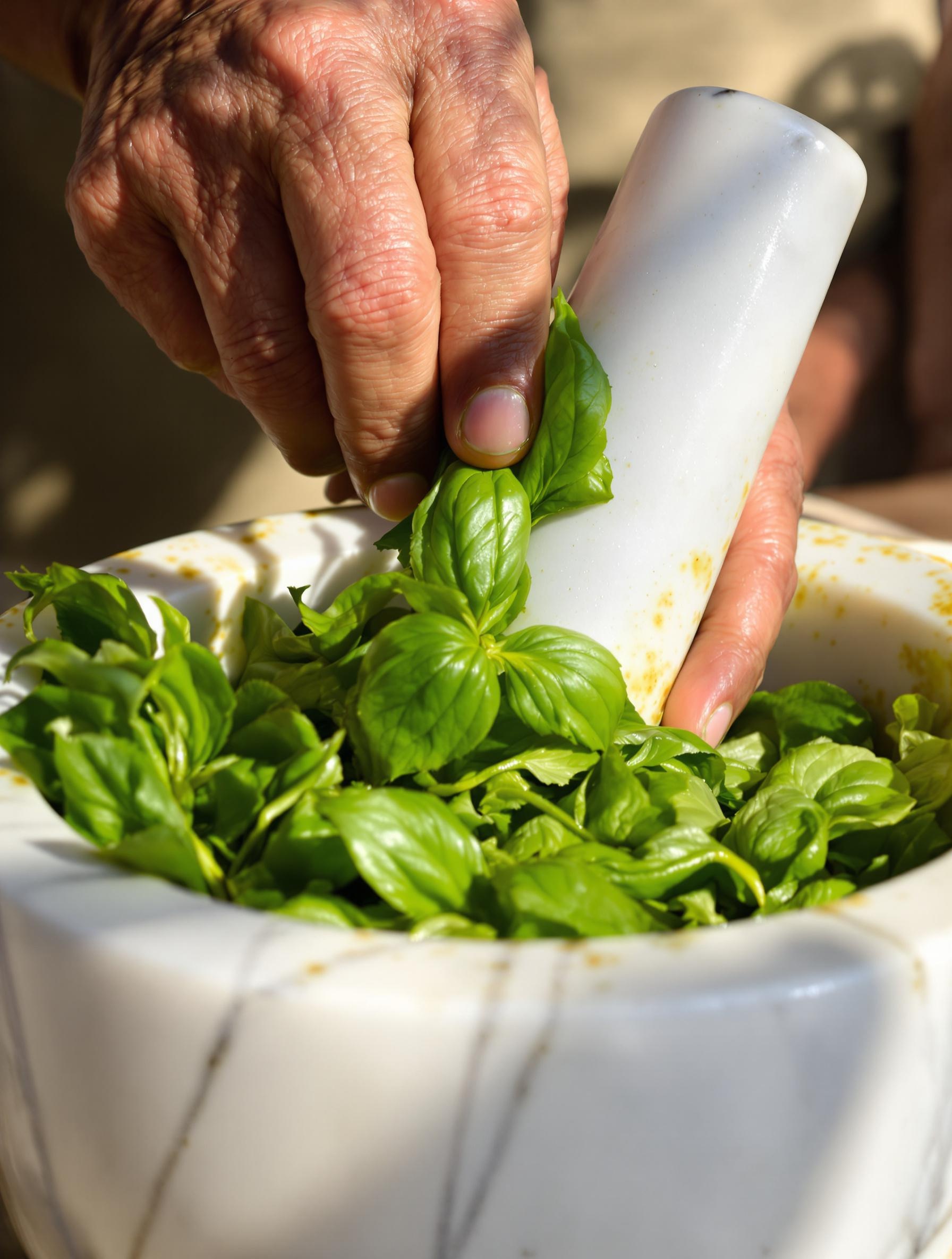 Main ridée écrasant du basilic DOP de Pra' dans mortier marbre pour pesto alla genovese.