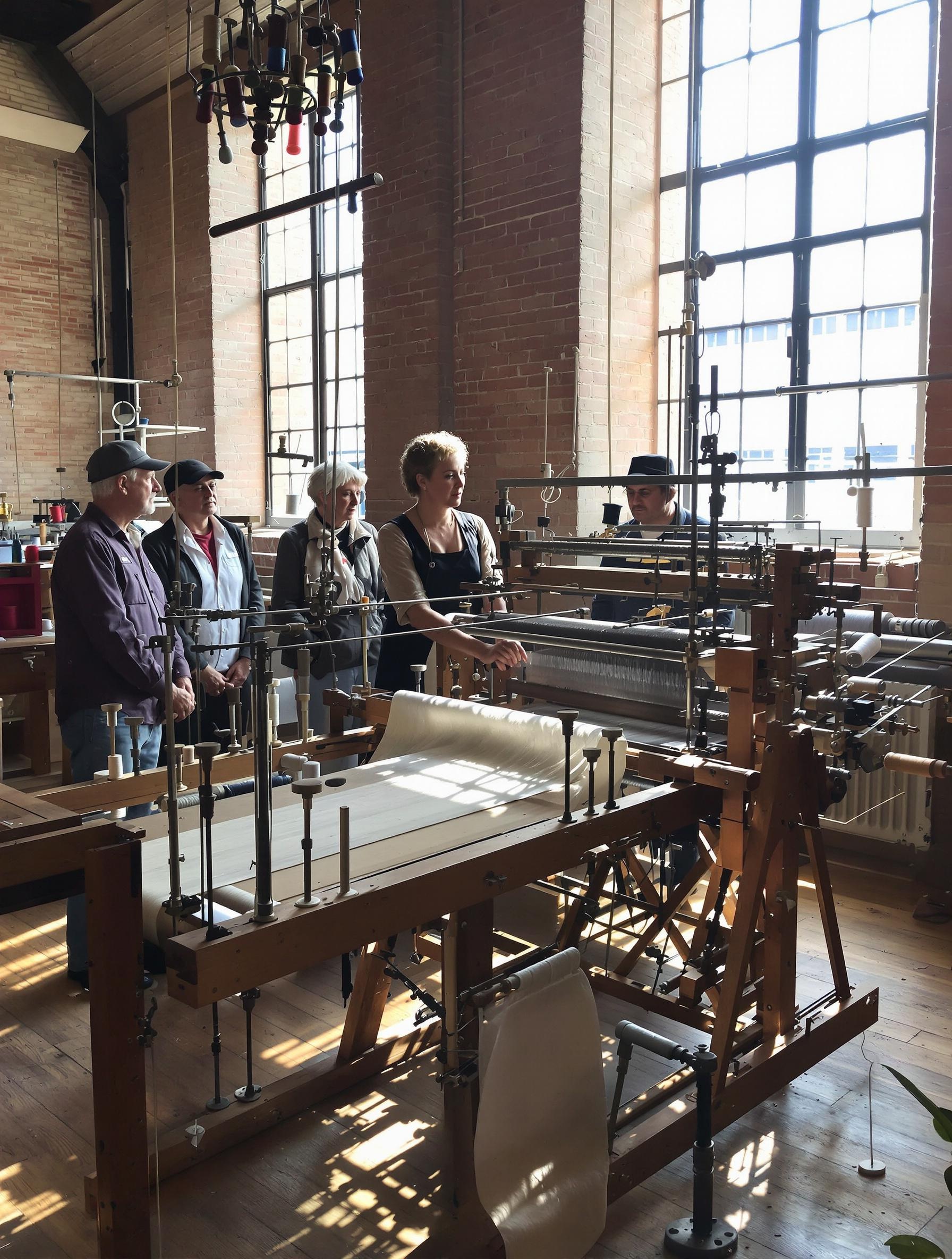 Guide actionnant un métier Jacquard devant un petit groupe de seniors attentifs